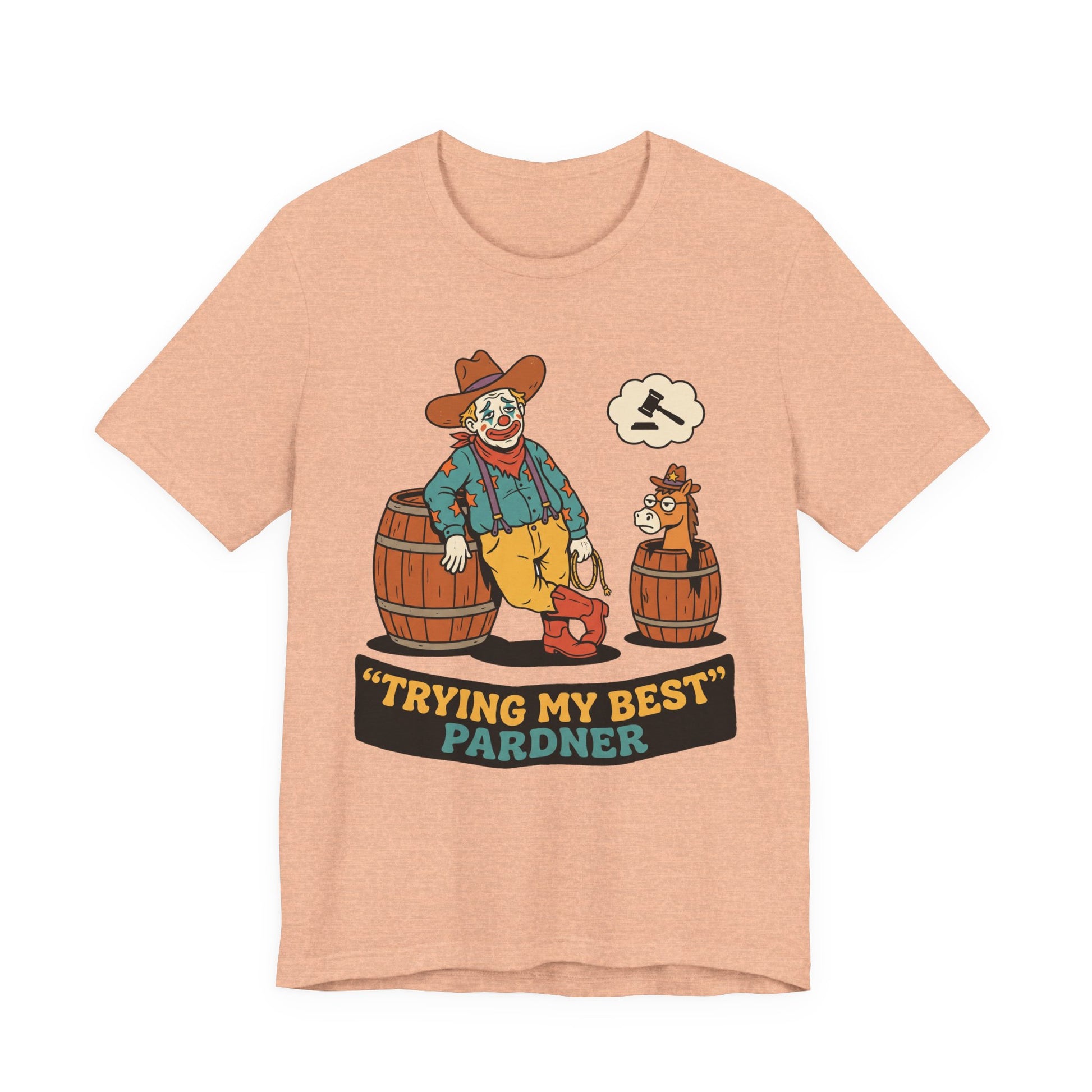 Black Bella+Canvas 3001 unisex tee with Trying My Best Pardner graphic, on hanger