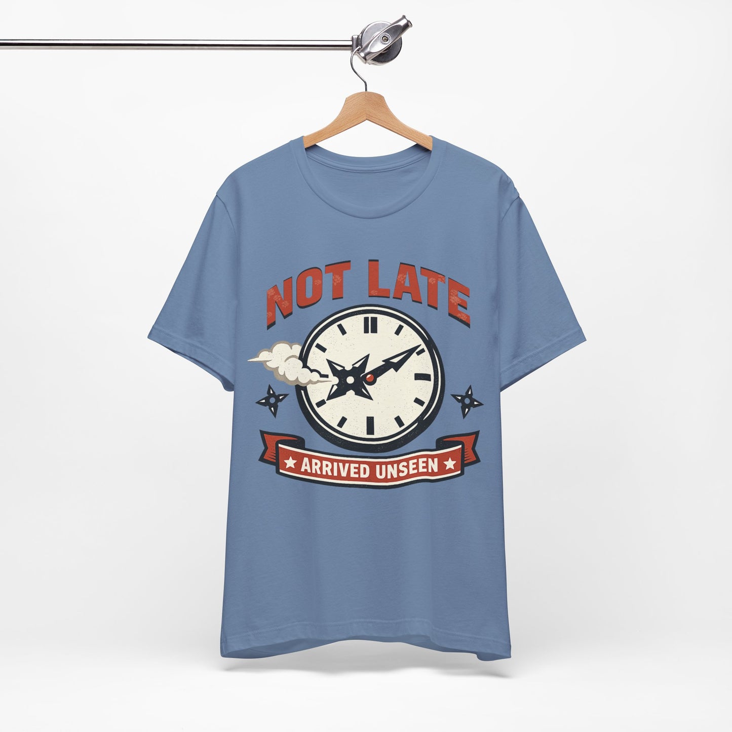 Natural Bella+Canvas 3001 unisex tee with Not Late Arrived Unseen ninja clock design, flat lay