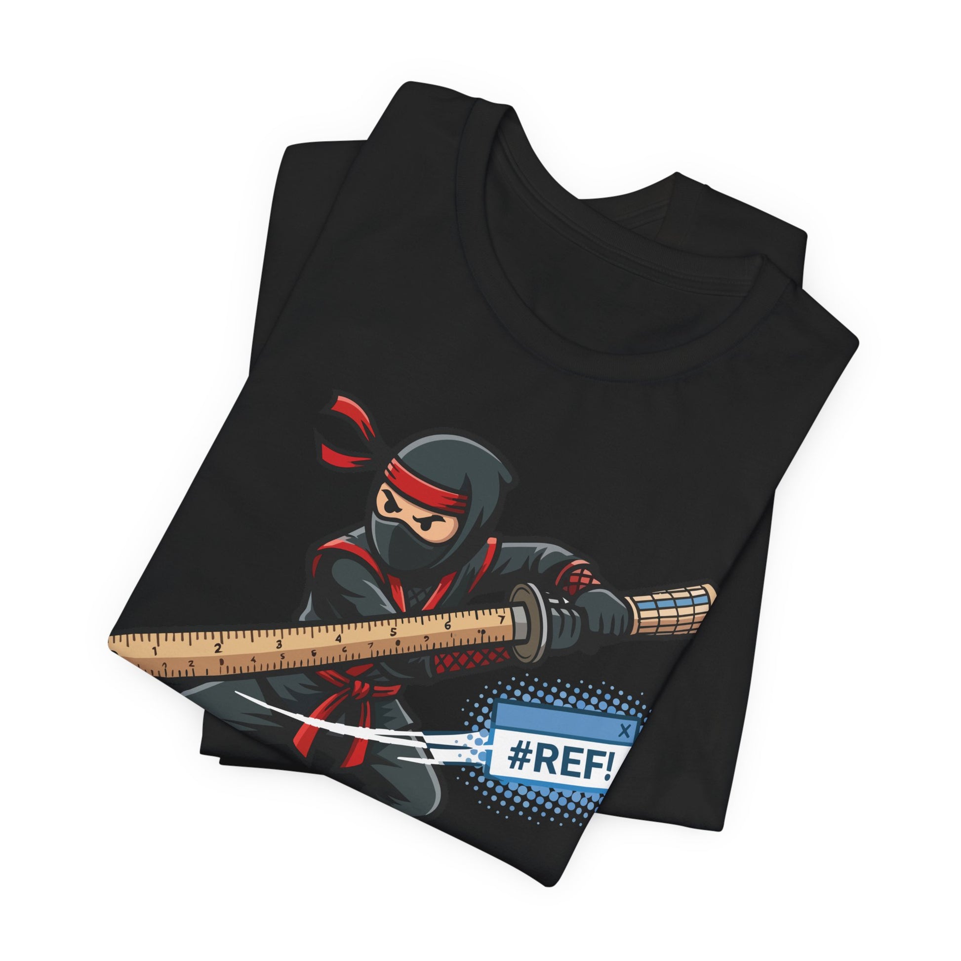 Navy Bella+Canvas 3001 unisex tee with Excel Warrior VLOOKUP Assassin ninja spreadsheet graphic, flat lay