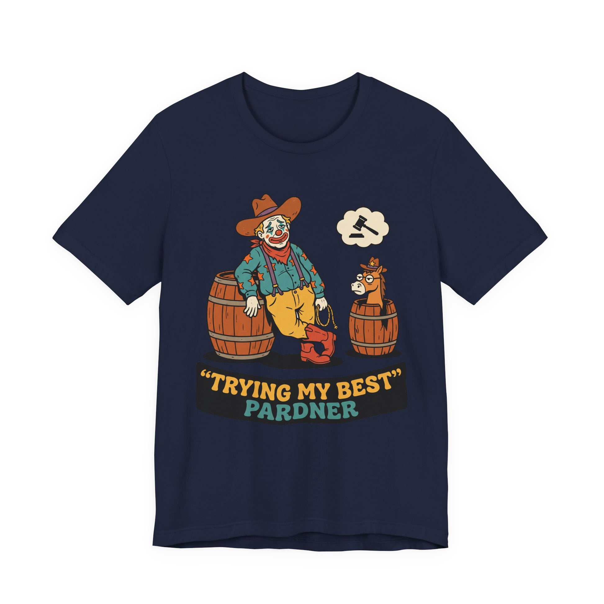 Navy Bella+Canvas 3001 unisex tee with Trying My Best Pardner graphic, on hanger