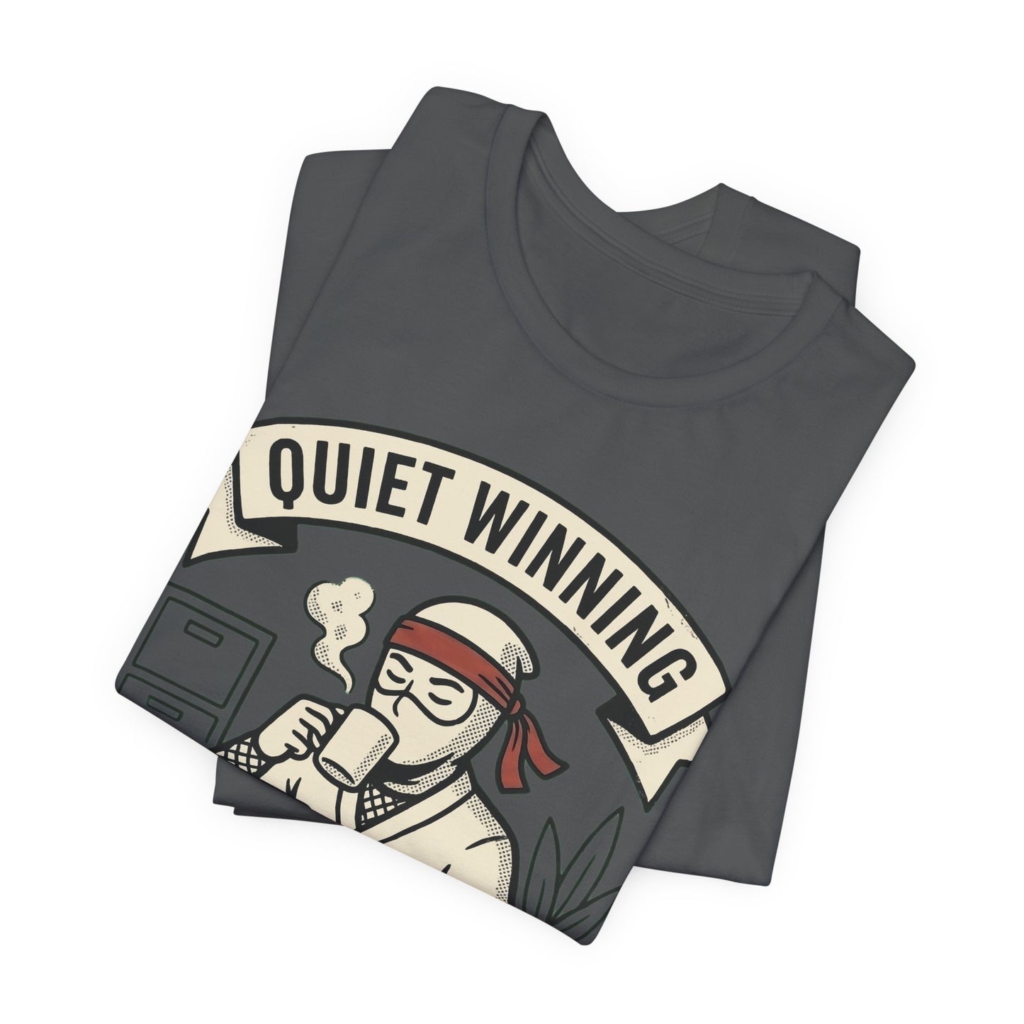 Navy Bella+Canvas 3001 unisex tee with Quiet Winning ninja laptop design, flat lay