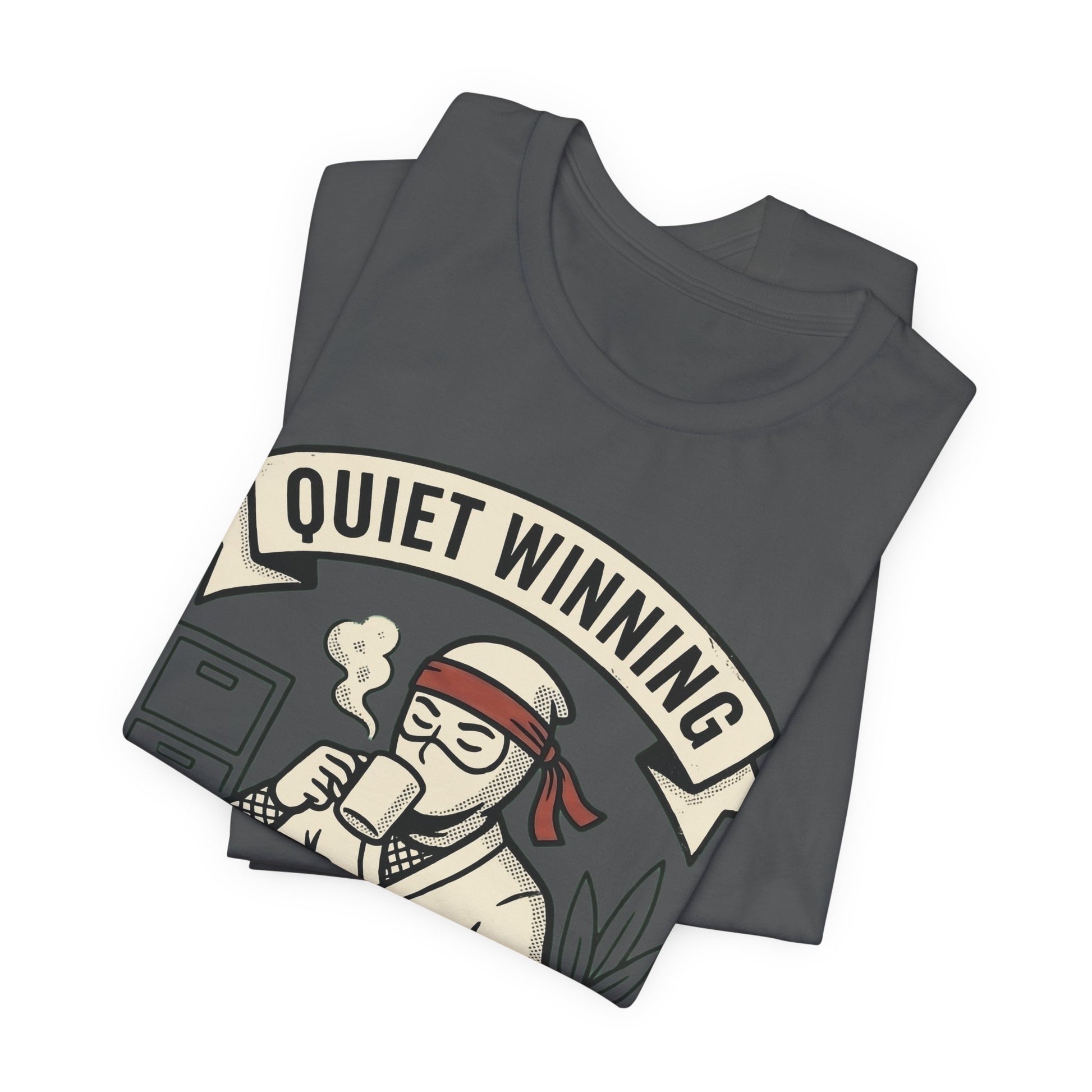 Navy Bella+Canvas 3001 unisex tee with Quiet Winning ninja laptop design, flat lay