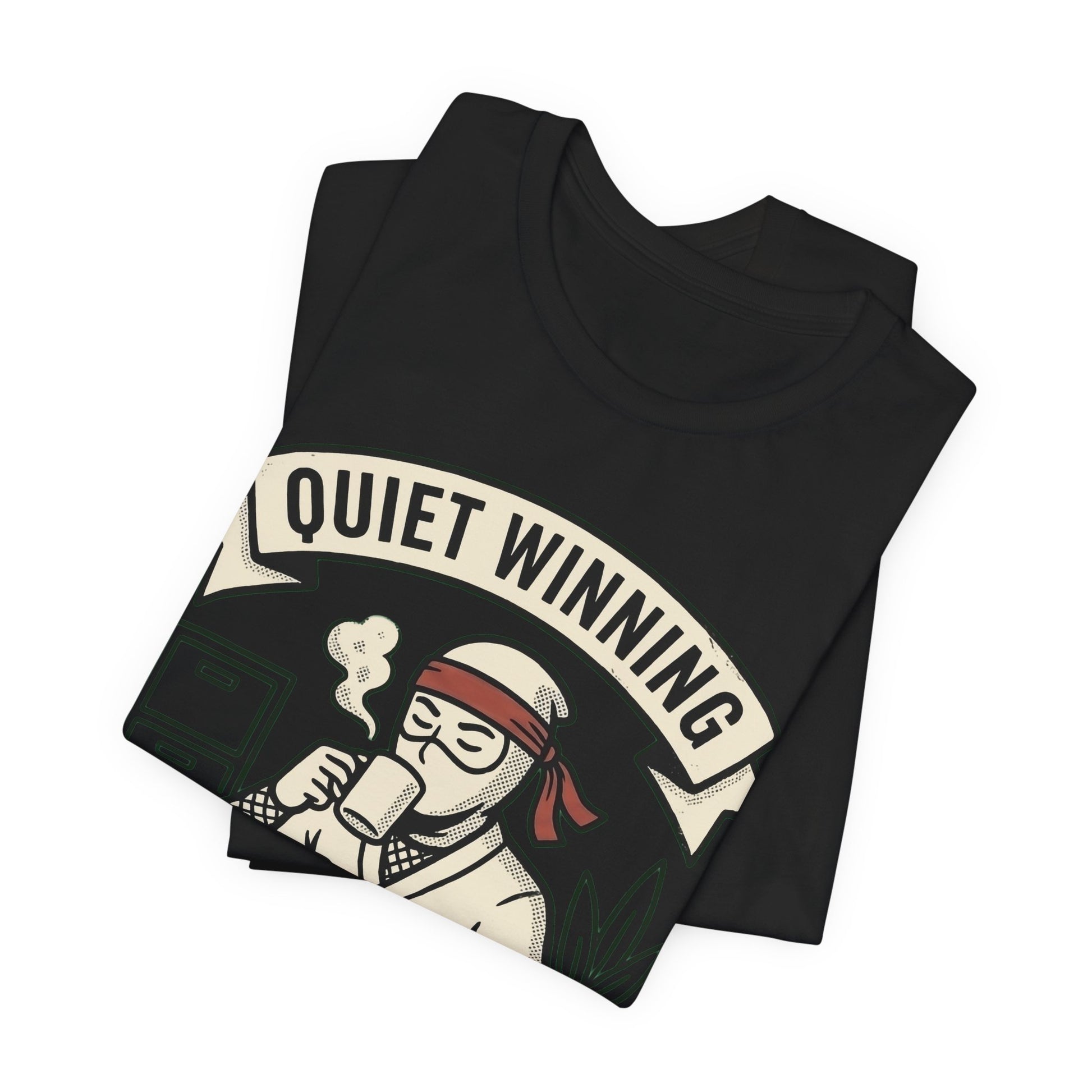 Black Bella+Canvas 3001 unisex tee with Quiet Winning ninja laptop design, on hanger