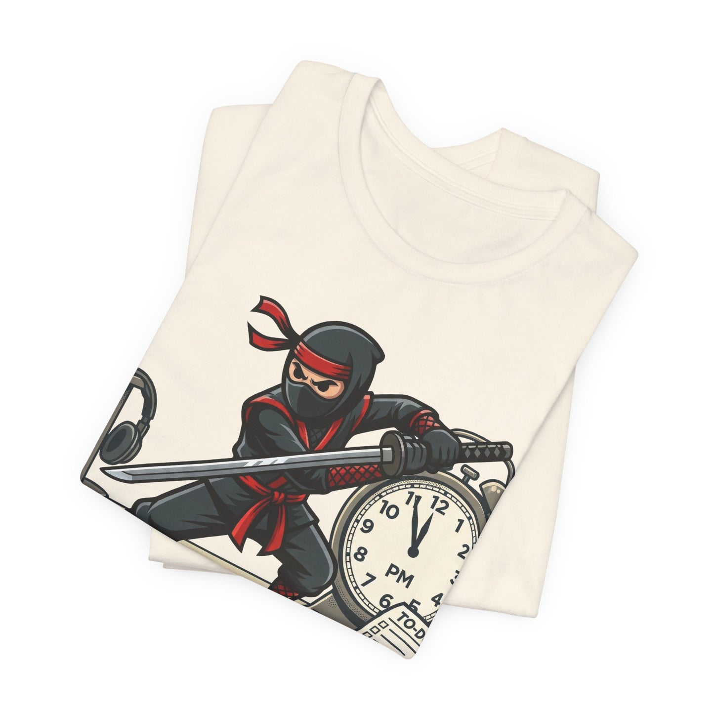 Natural Bella+Canvas 3001 unisex tee with I'm Not Procrastinating ninja and clock graphic, flat lay