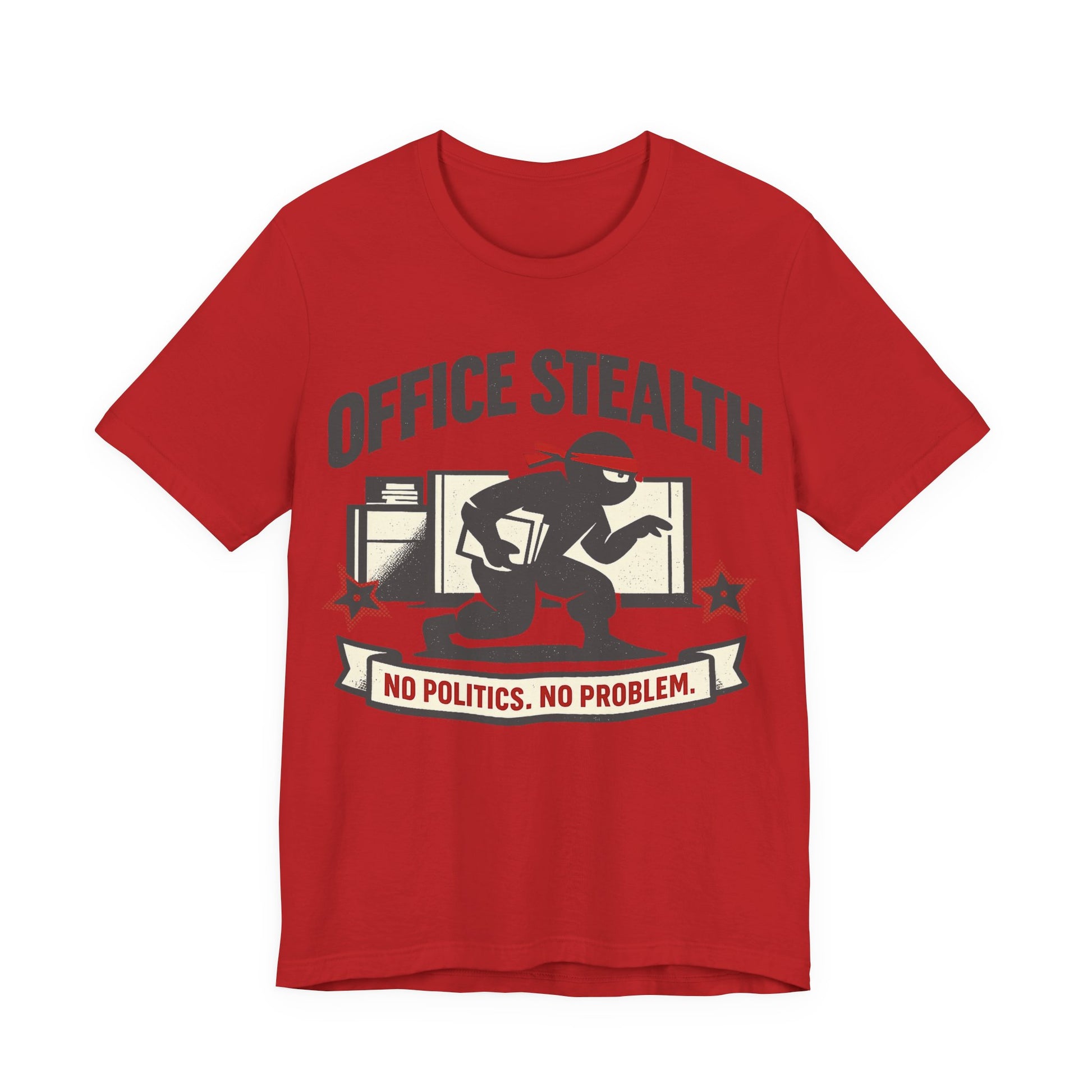Red Bella+Canvas 3001 unisex tee with Office Stealth vintage faded ninja design, on hanger