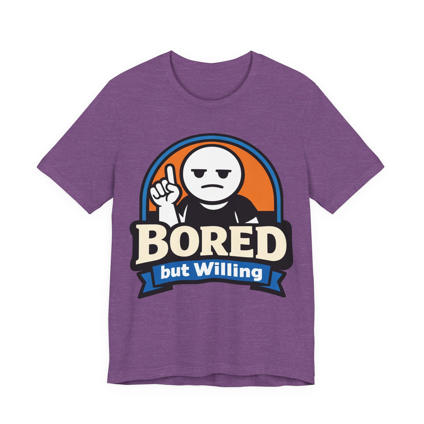 Red Bella+Canvas 3001 unisex tee with Bored But Willing graphic, flat lay