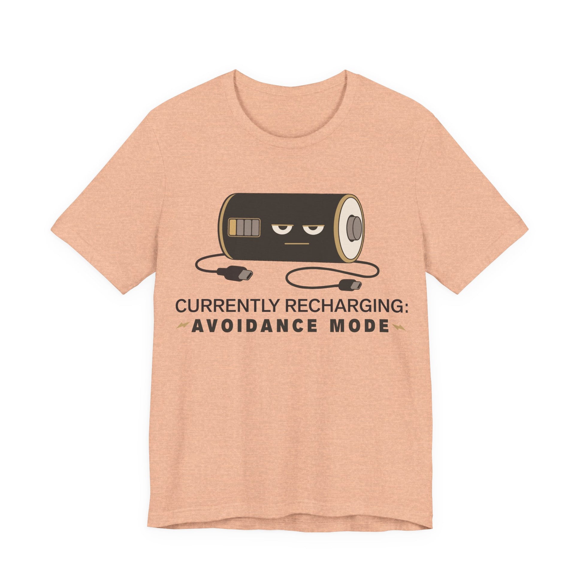 Heather Peach Bella+Canvas 3001 unisex tee with Currently Recharging Avoidance Mode graphic