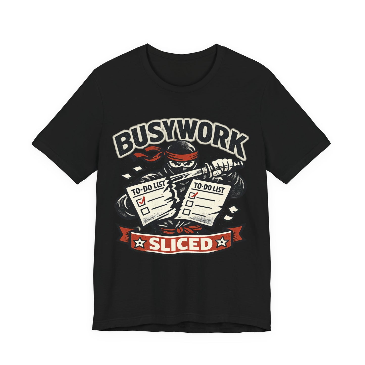 Black Bella+Canvas 3001 unisex tee with Busywork Sliced ninja slicing to-do lists graphic, flat lay