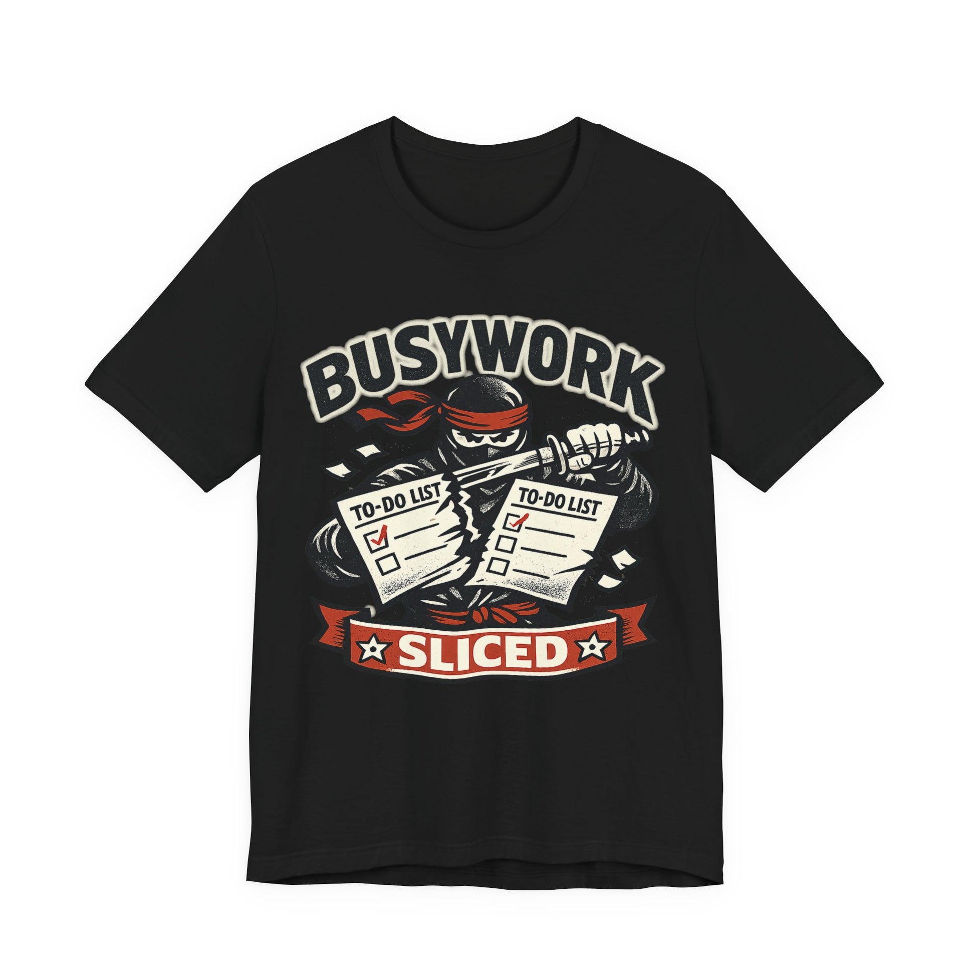 Black Bella+Canvas 3001 unisex tee with Busywork Sliced ninja slicing to-do lists graphic, flat lay