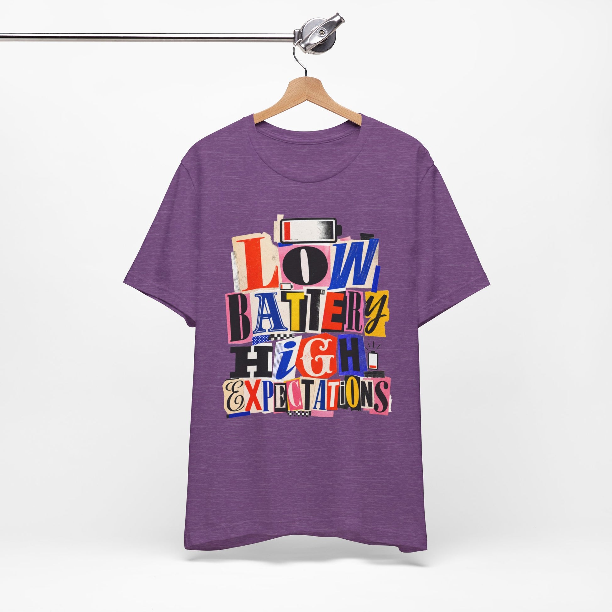 Low Battery High Expectations graphic on Bella+Canvas 3001 unisex tee