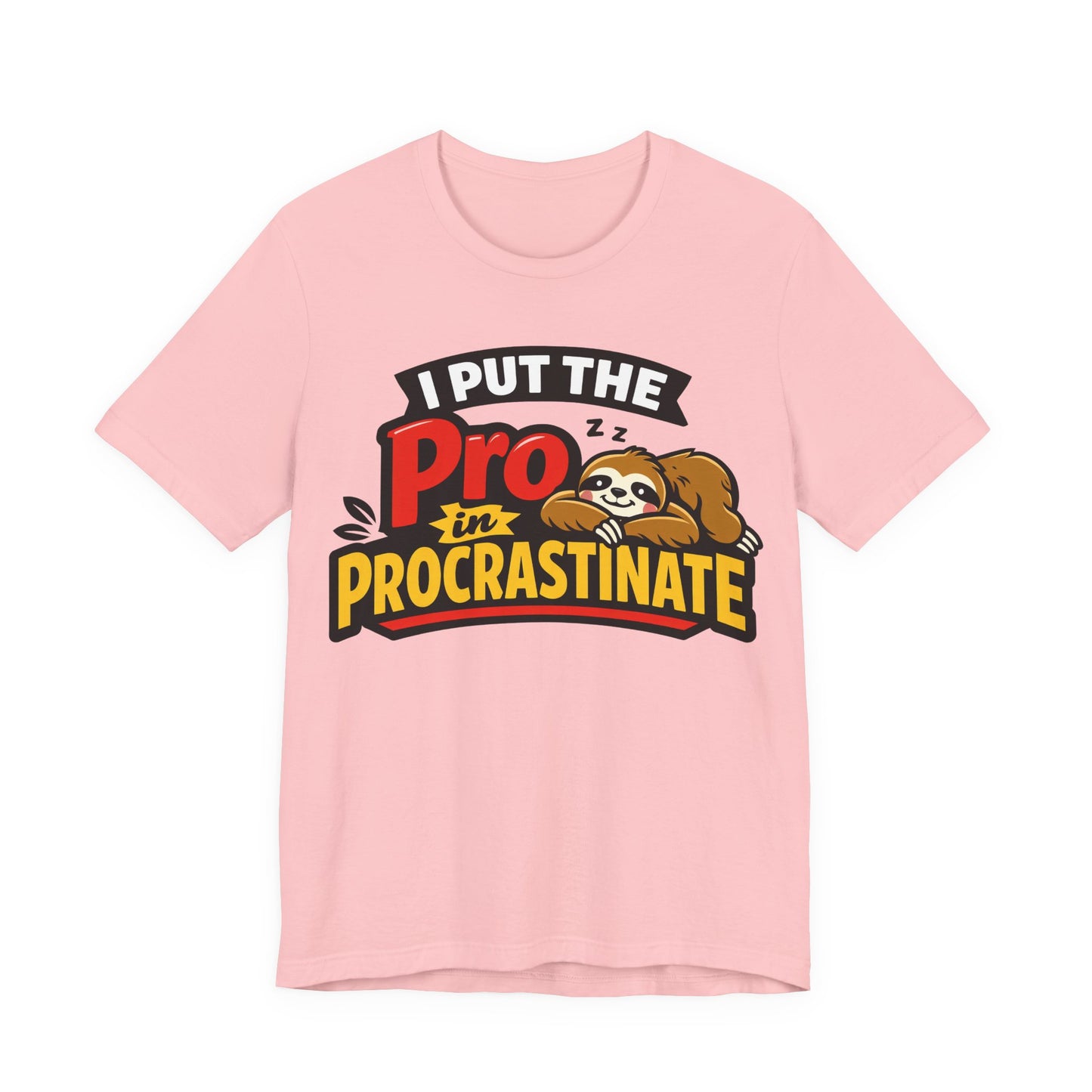 Steel Blue Bella+Canvas 3001 unisex tee with I Put the Pro in Procrastinate sloth graphic, flat lay