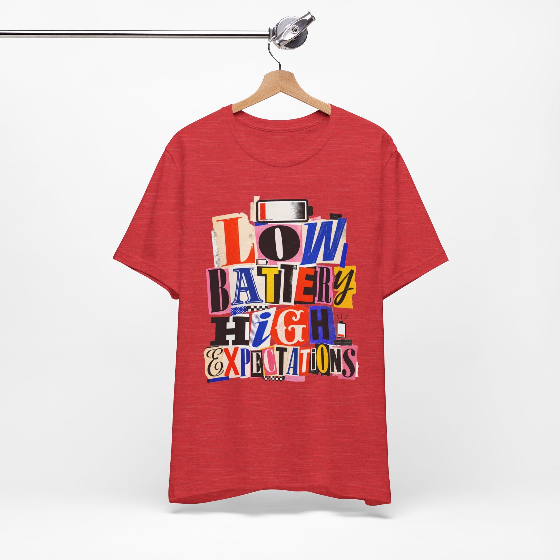 Low Battery High Expectations graphic on Bella+Canvas 3001 unisex tee