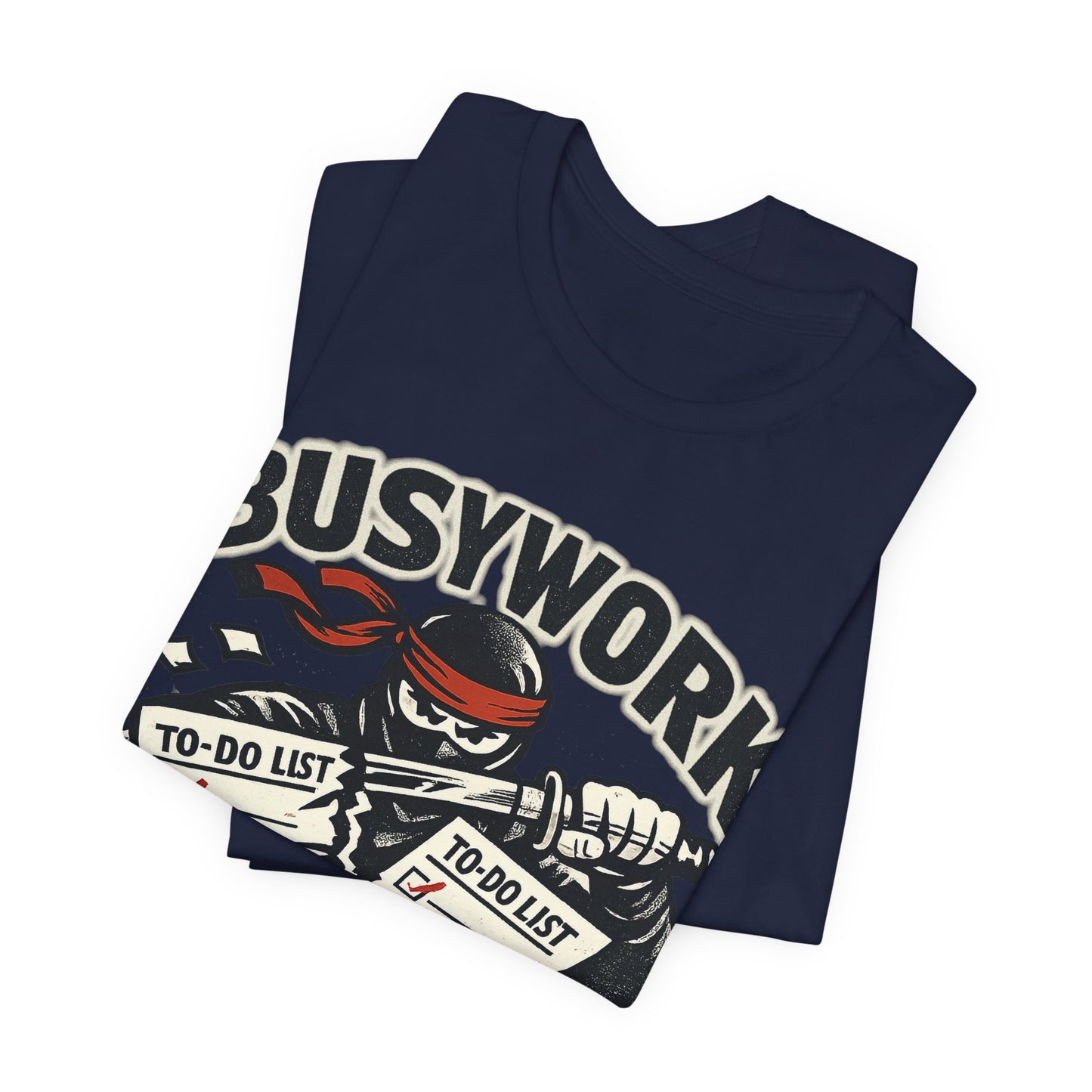 Navy Bella+Canvas 3001 unisex tee with Busywork Sliced ninja slicing to-do lists graphic, flat lay