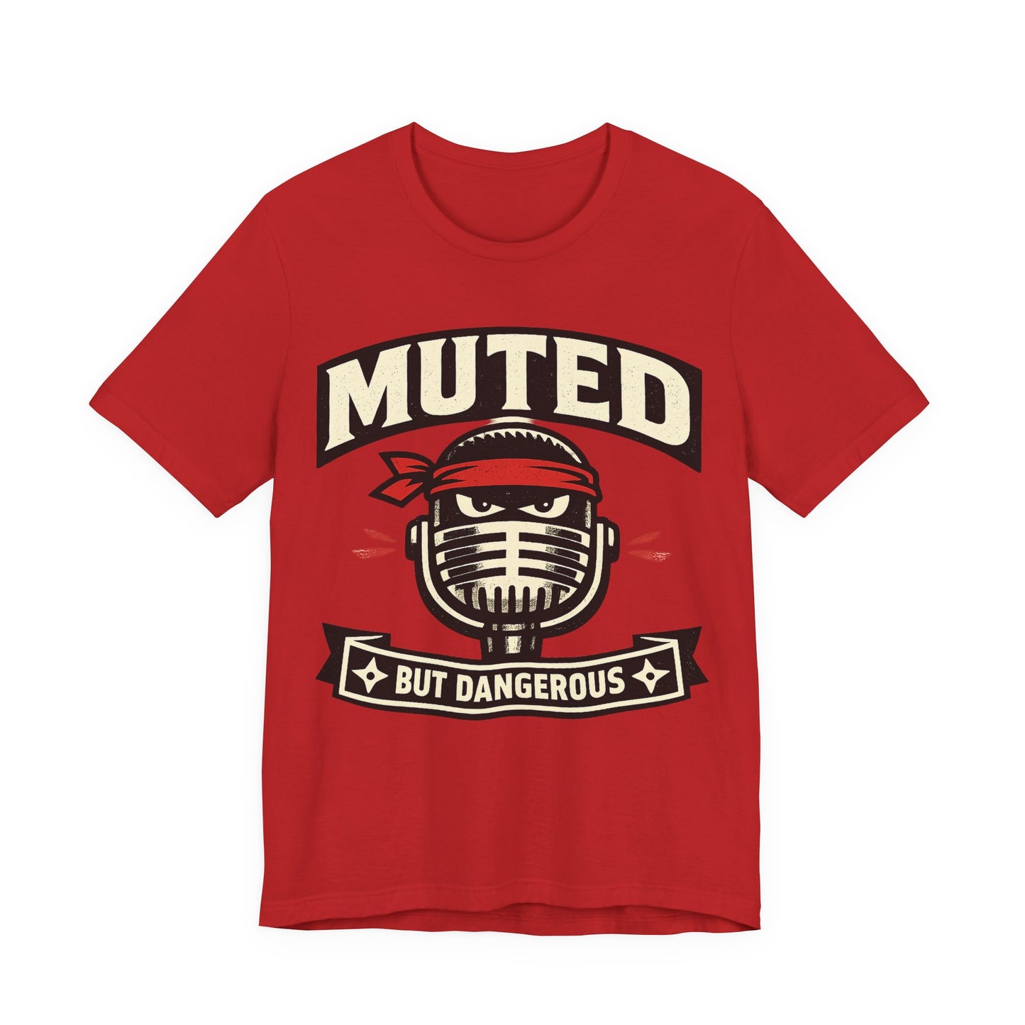 Red Bella+Canvas 3001 unisex tee with Muted But Dangerous ninja graphic, on hanger