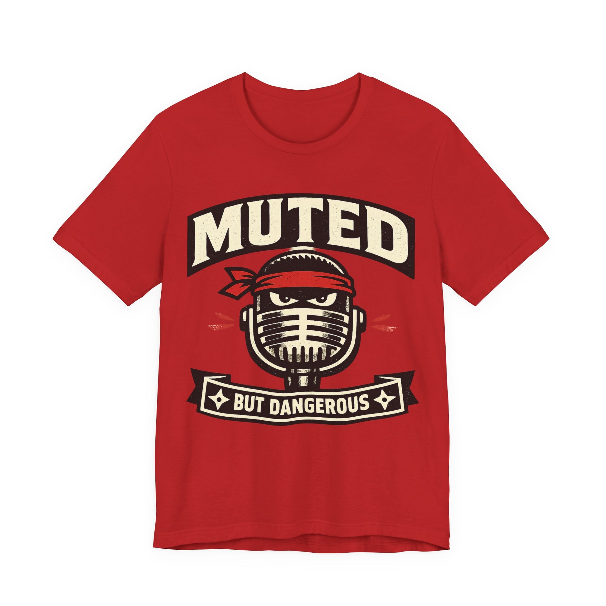 Red Bella+Canvas 3001 unisex tee with Muted But Dangerous ninja graphic, on hanger