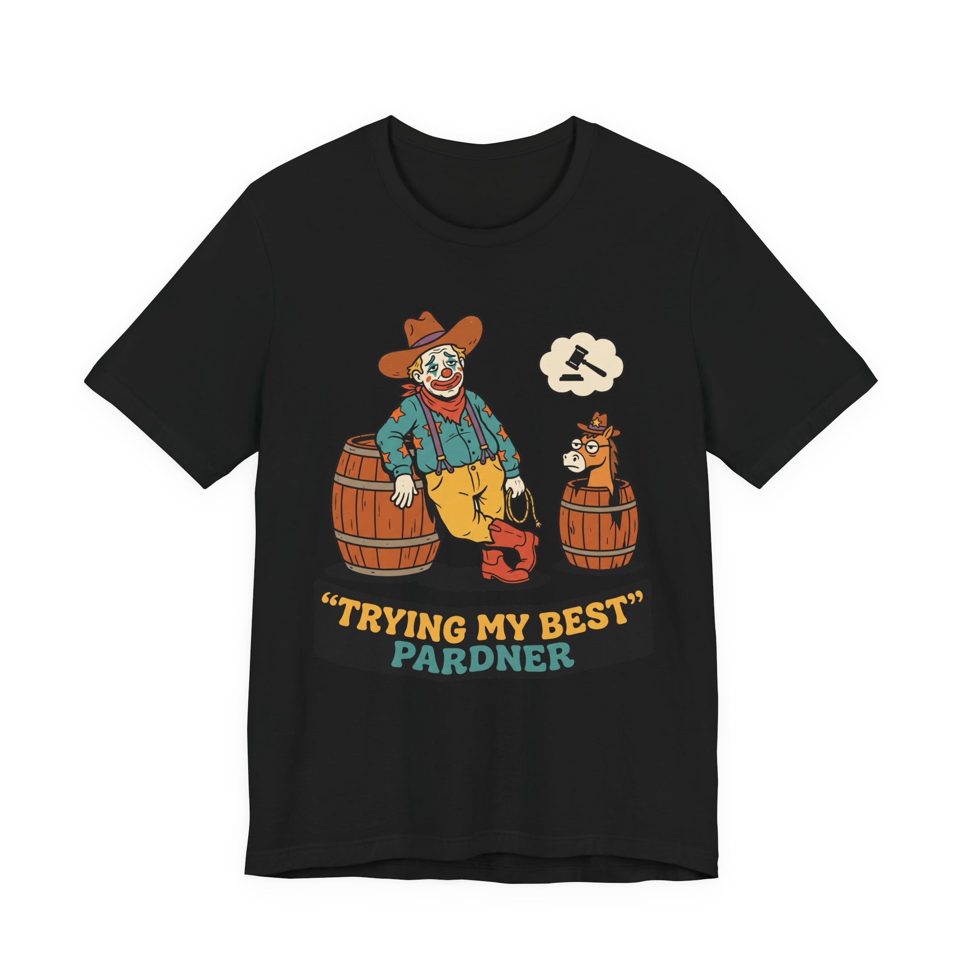 Black Bella+Canvas 3001 unisex tee with Trying My Best Pardner graphic, flat lay