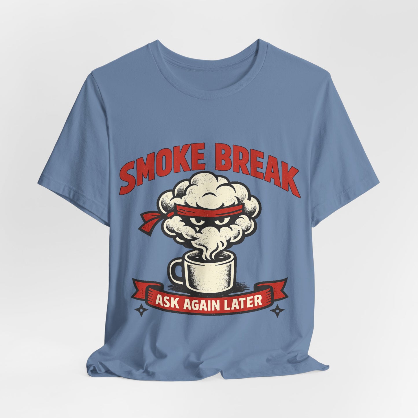 Steel Blue Bella+Canvas 3001 unisex tee with Smoke Break Ask Again Later ninja coffee cup graphic, detail view