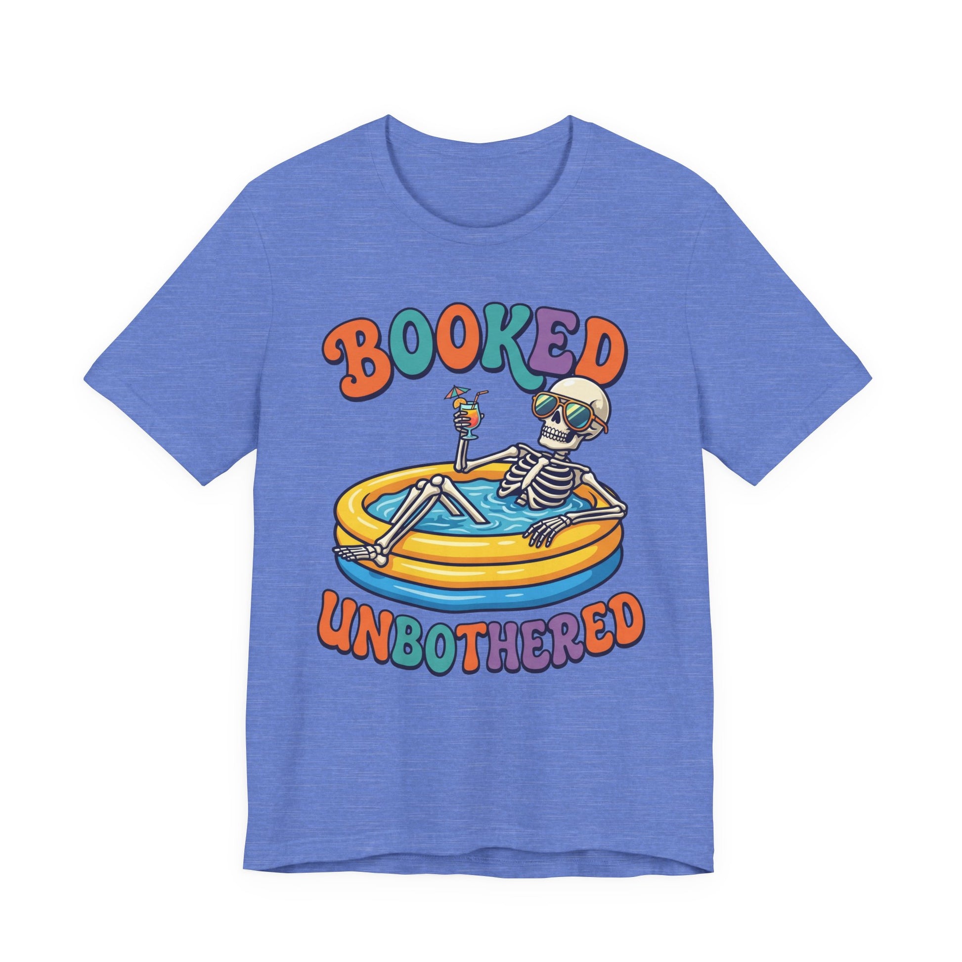 Navy Bella+Canvas 3001 unisex tee with Booked and Unbothered graphic, flat lay