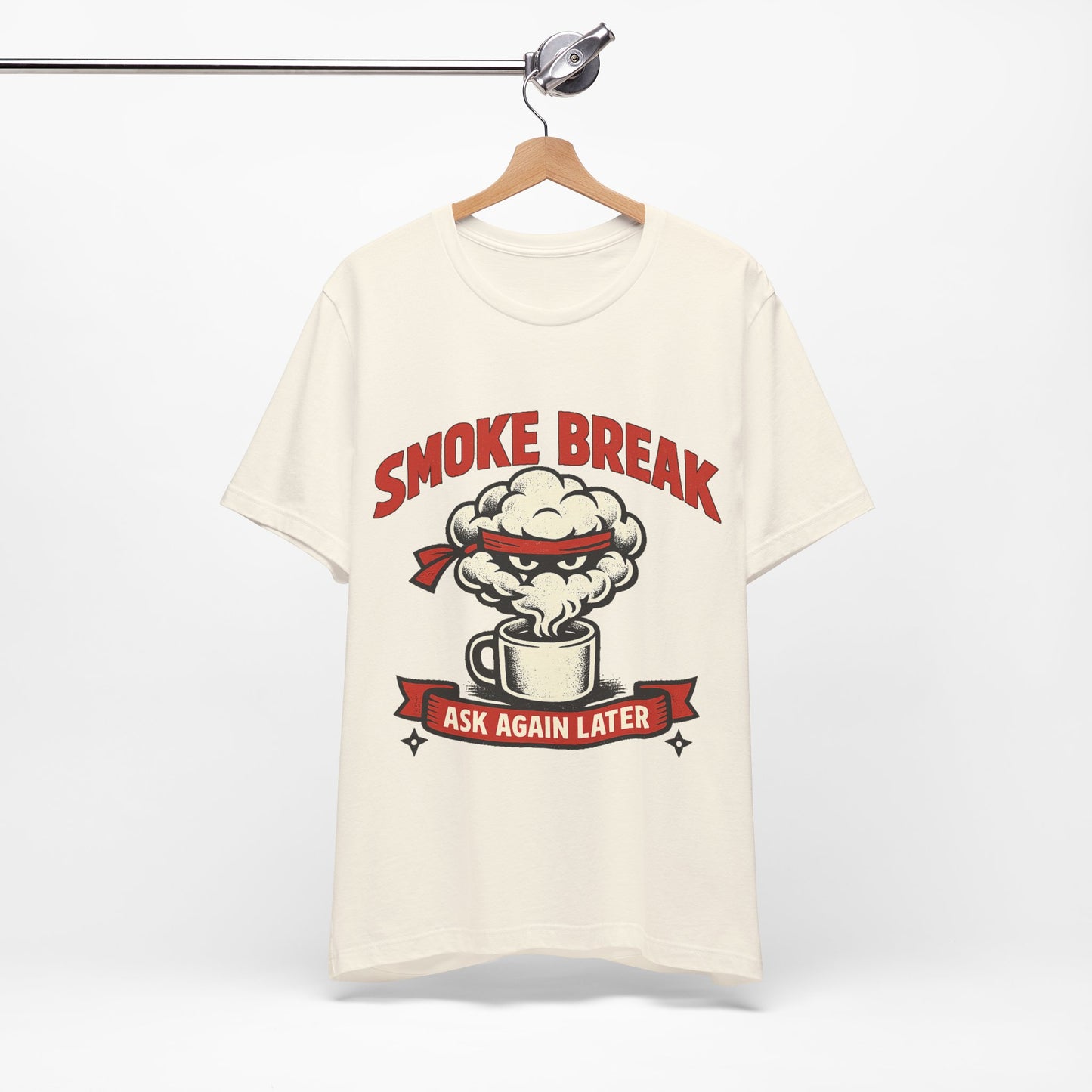 Asphalt Bella+Canvas 3001 unisex tee with Smoke Break Ask Again Later ninja coffee cup graphic, flat lay