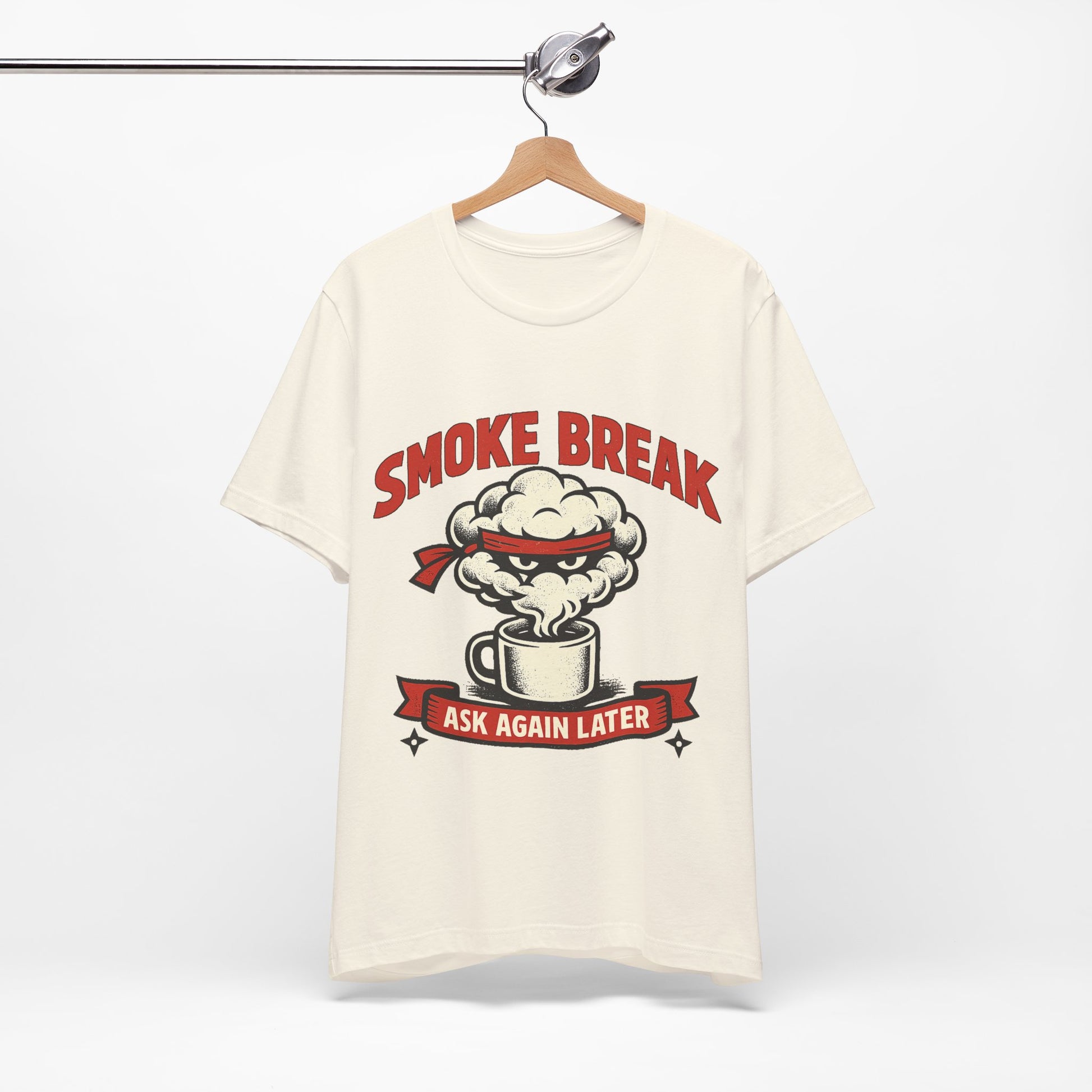 Asphalt Bella+Canvas 3001 unisex tee with Smoke Break Ask Again Later ninja coffee cup graphic, flat lay