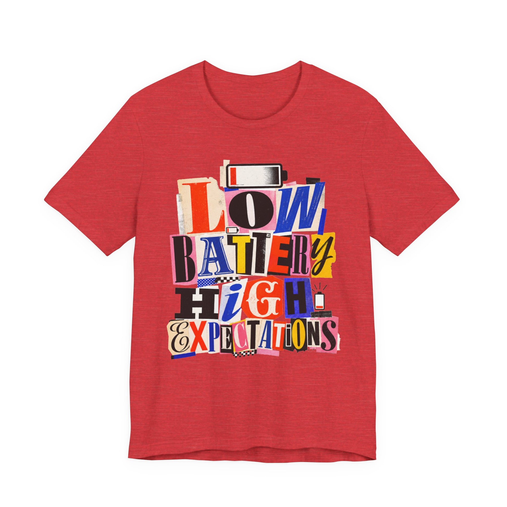 Heather Red Bella+Canvas 3001 unisex tee with Low Battery High Expectations graphic