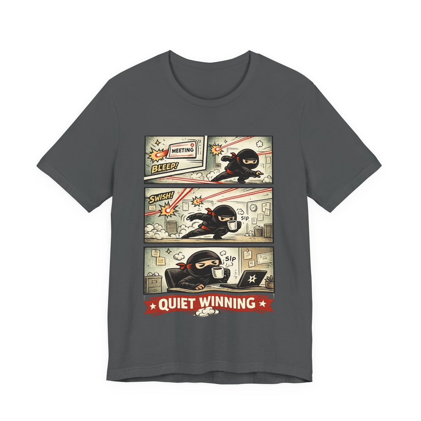Asphalt Bella+Canvas 3001 unisex tee with Quiet Winning ninja comic strip graphic, flat lay