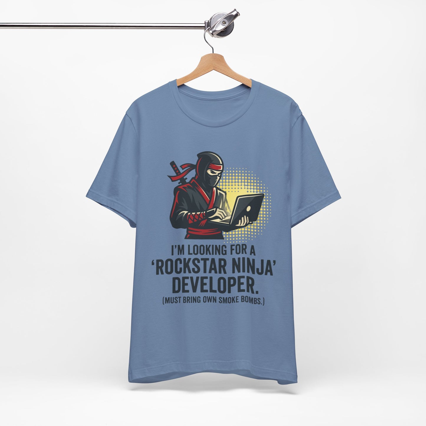 Steel Blue Bella+Canvas 3001 unisex tee with Rockstar Ninja Developer graphic and text design, detail view