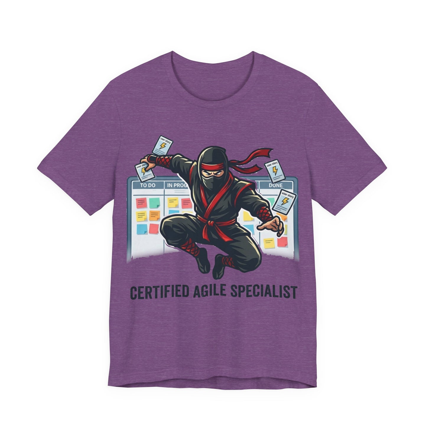 Heather Team Purple Bella+Canvas 3001 unisex tee with Certified Agile Specialist ninja kanban design, on hanger