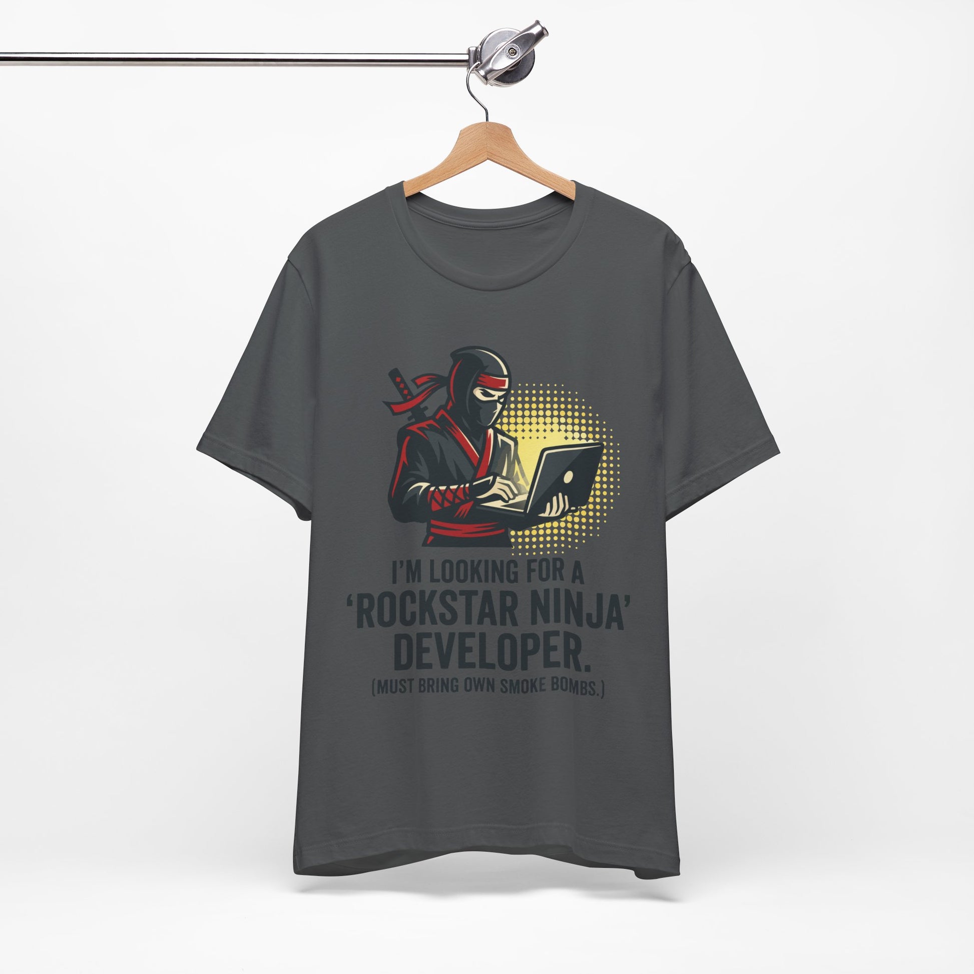 Athletic Heather Bella+Canvas 3001 unisex tee with Rockstar Ninja Developer graphic and text design, flat lay