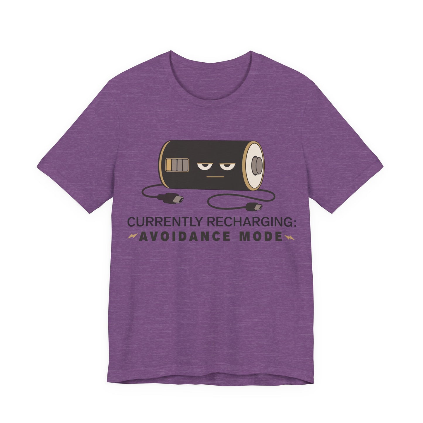Heather Team Purple Bella+Canvas 3001 unisex tee with Currently Recharging Avoidance Mode graphic