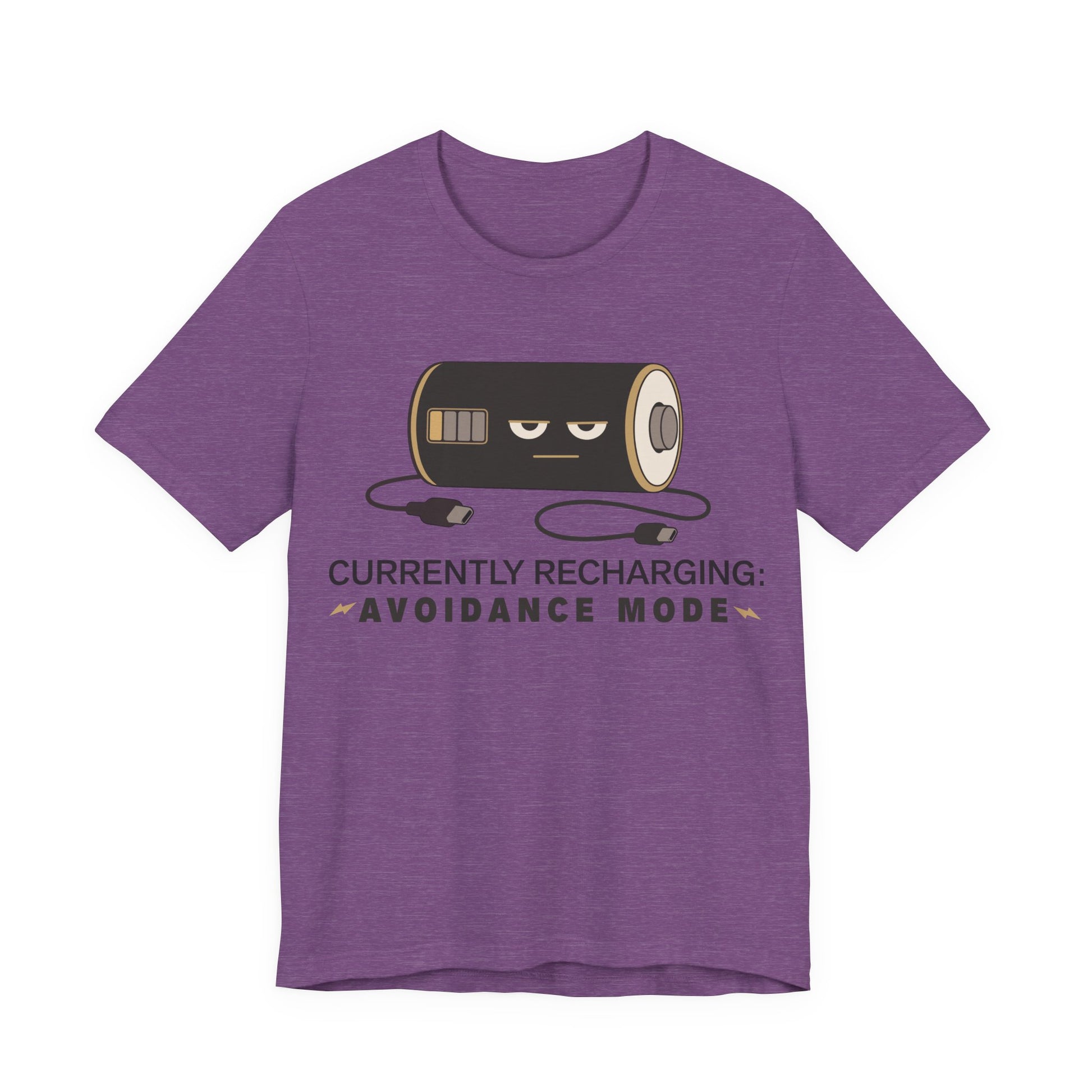 Heather Team Purple Bella+Canvas 3001 unisex tee with Currently Recharging Avoidance Mode graphic