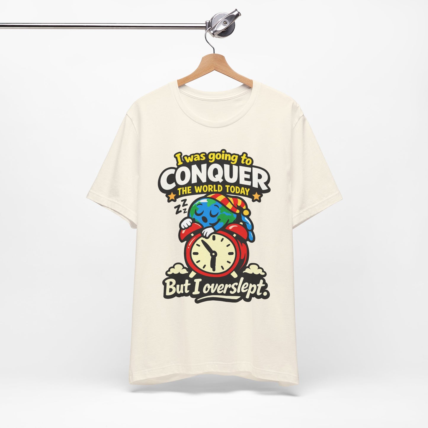 Navy Bella+Canvas 3001 unisex tee with I Was Going to Conquer the World But I Overslept graphic, detail view