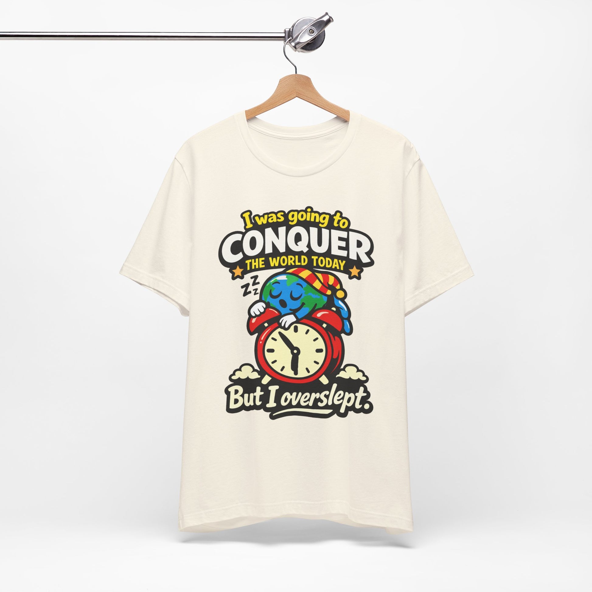Navy Bella+Canvas 3001 unisex tee with I Was Going to Conquer the World But I Overslept graphic, detail view