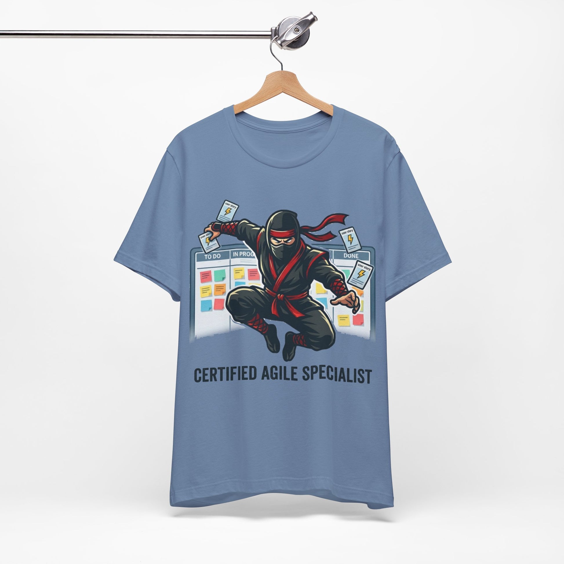 Red Bella+Canvas 3001 unisex tee with Certified Agile Specialist ninja kanban design, detail view