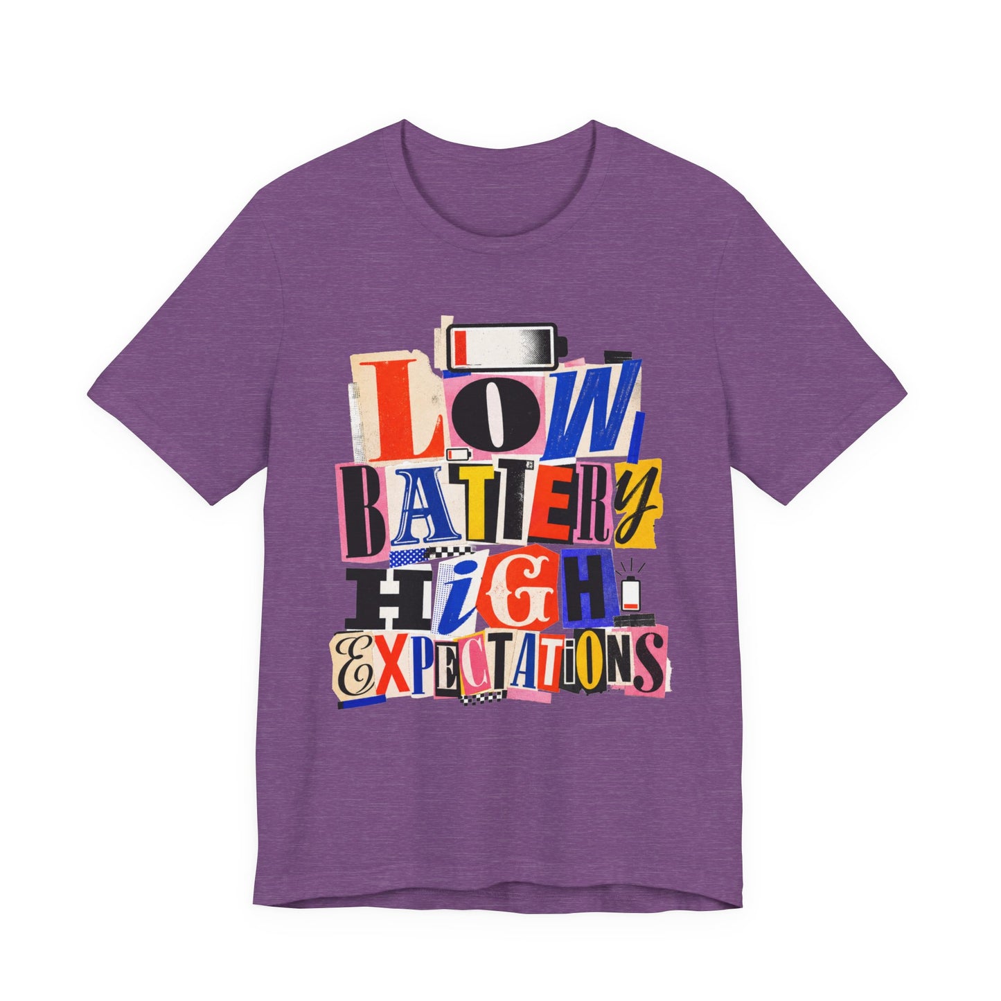 Heather Team Purple Bella+Canvas 3001 unisex tee with Low Battery High Expectations graphic