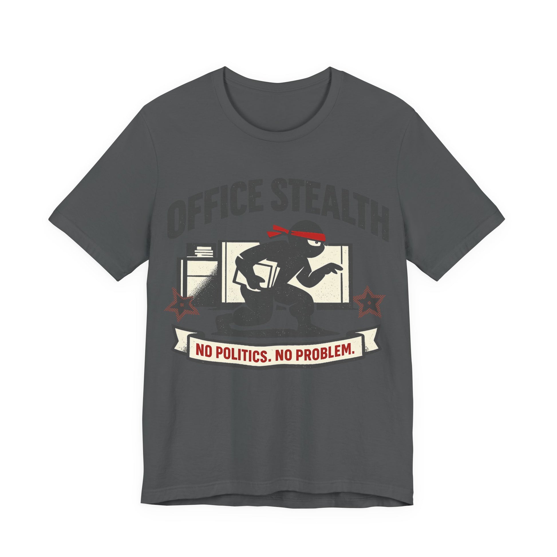 Asphalt Bella+Canvas 3001 unisex tee with Office Stealth vintage faded ninja design, on hanger