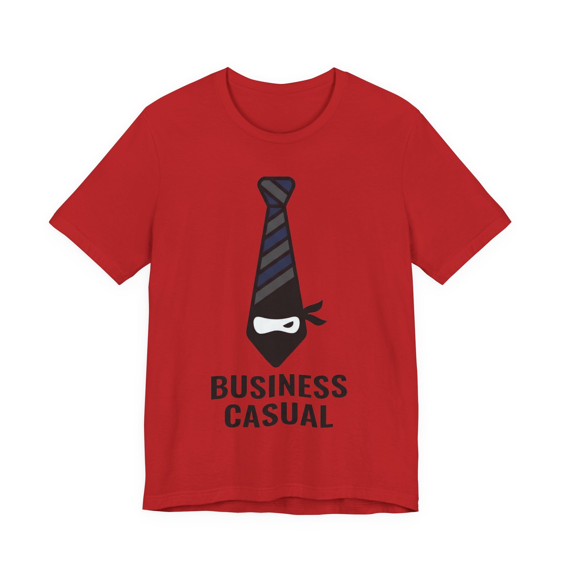 Red Bella+Canvas 3001 unisex tee with Business Casual ninja in tie graphic, flat lay