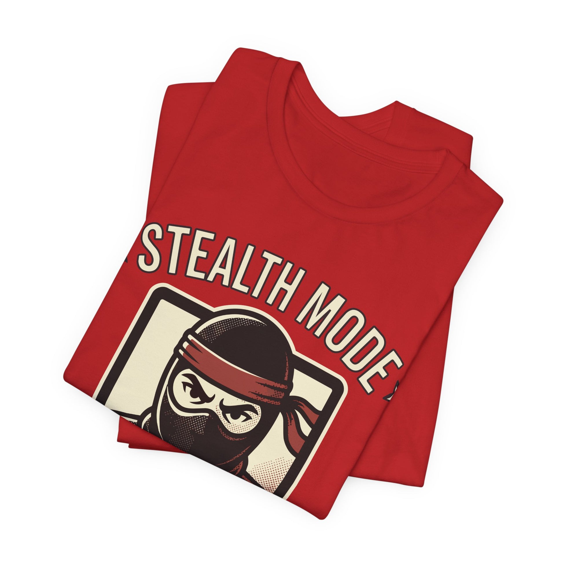 Black Bella+Canvas 3001 unisex tee with Stealth Mode On ninja laptop graphic, detail view