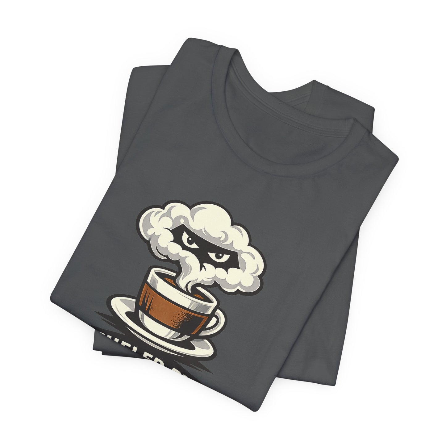 Asphalt Bella+Canvas 3001 unisex tee with Fueled by Coffee and Ninja Discipline cup badge graphic, flat lay