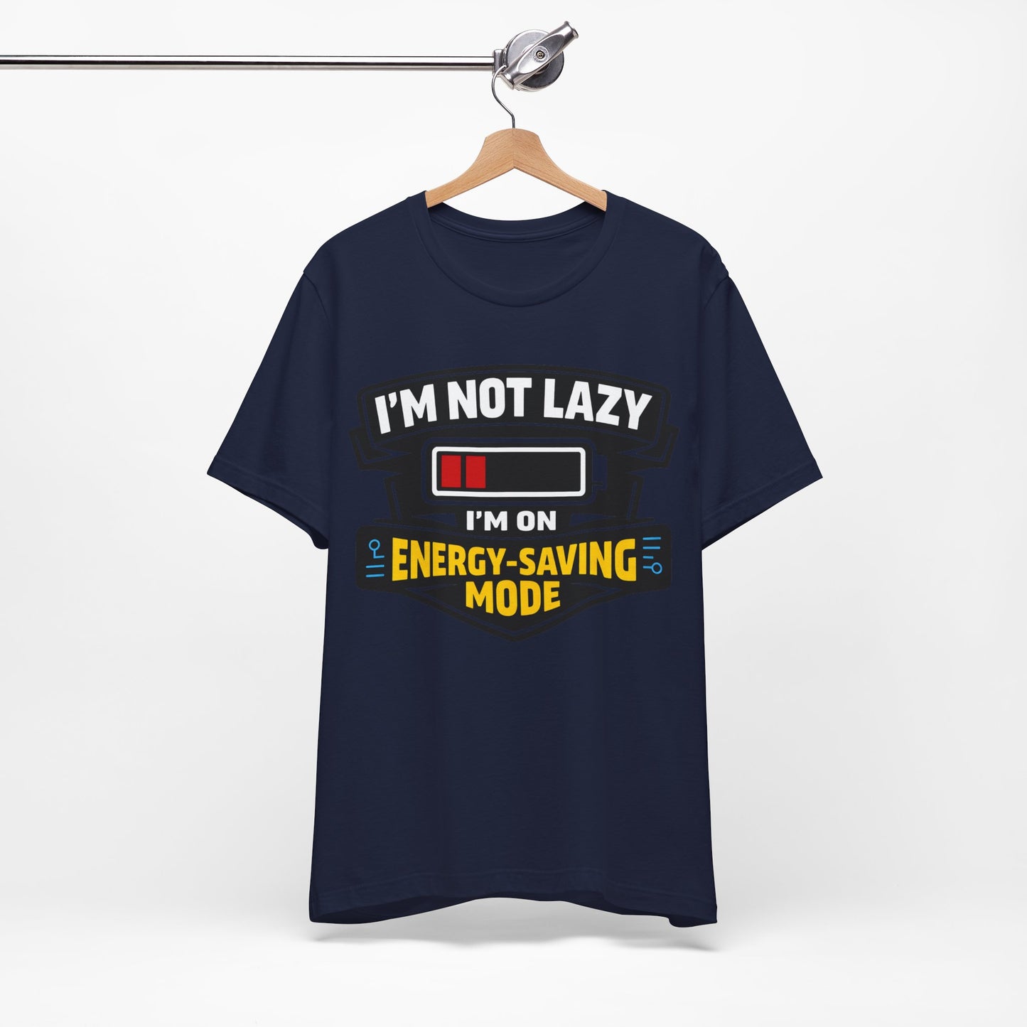 Asphalt Bella+Canvas 3001 unisex tee with I'm Not Lazy I'm on Energy-Saving Mode graphic, detail view