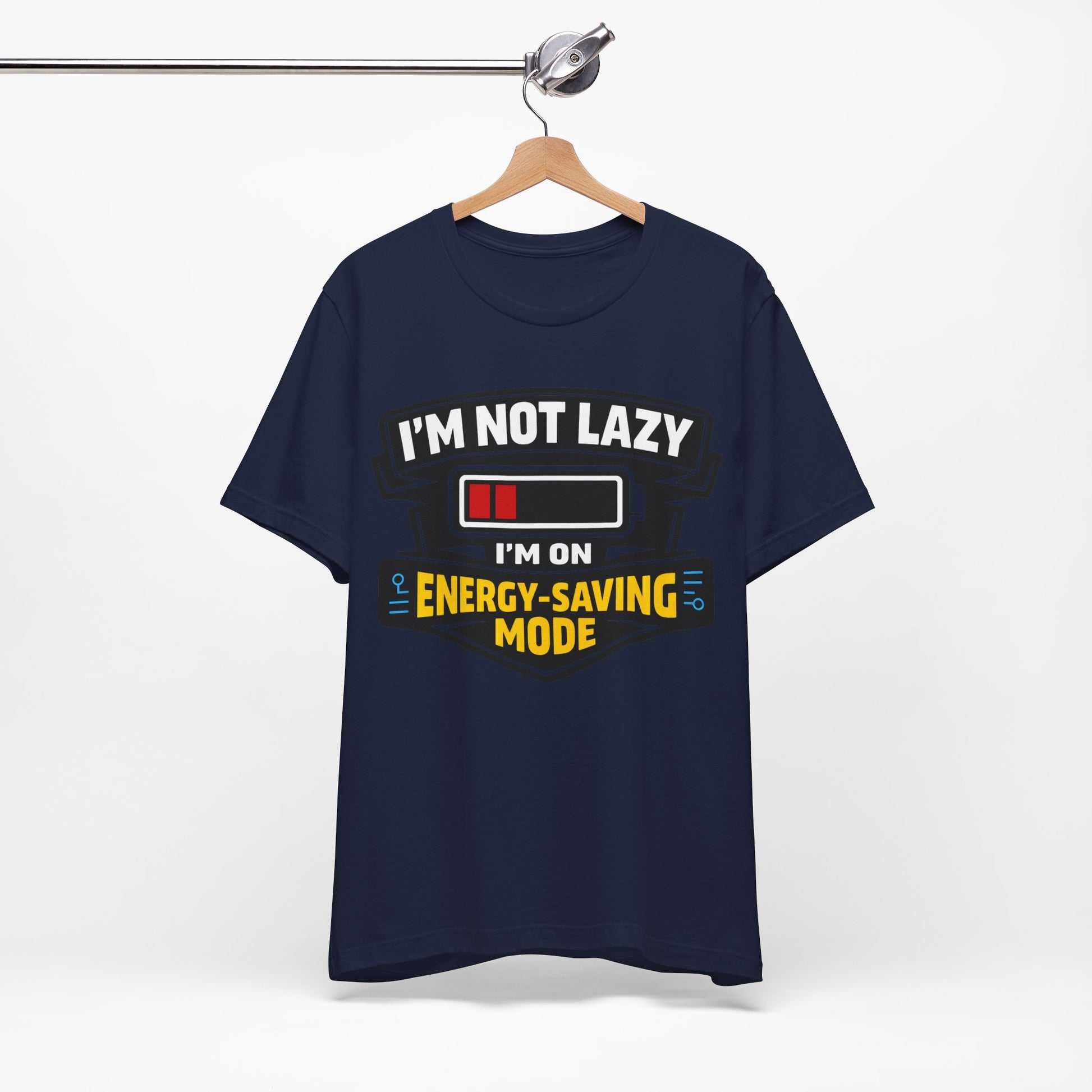 Asphalt Bella+Canvas 3001 unisex tee with I'm Not Lazy I'm on Energy-Saving Mode graphic, detail view