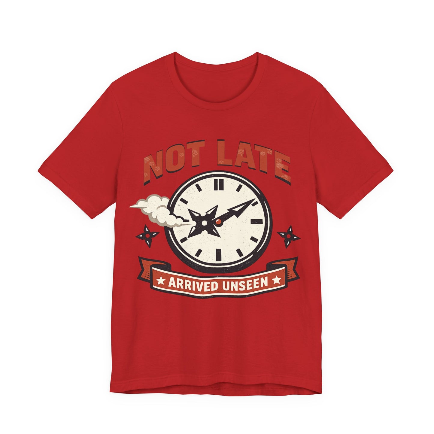 Red Bella+Canvas 3001 unisex tee with Not Late Arrived Unseen ninja clock design, on hanger
