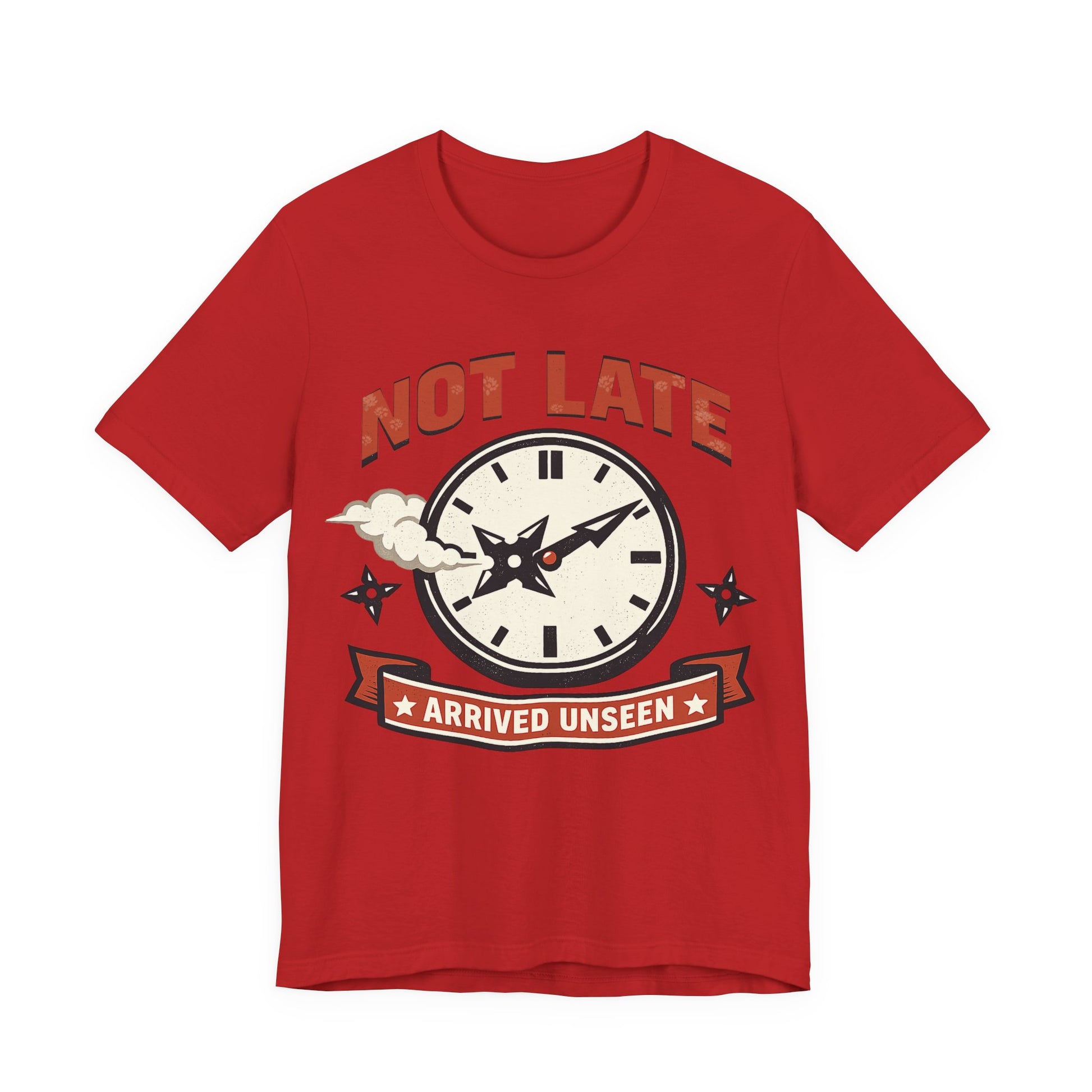 Red Bella+Canvas 3001 unisex tee with Not Late Arrived Unseen ninja clock design, on hanger