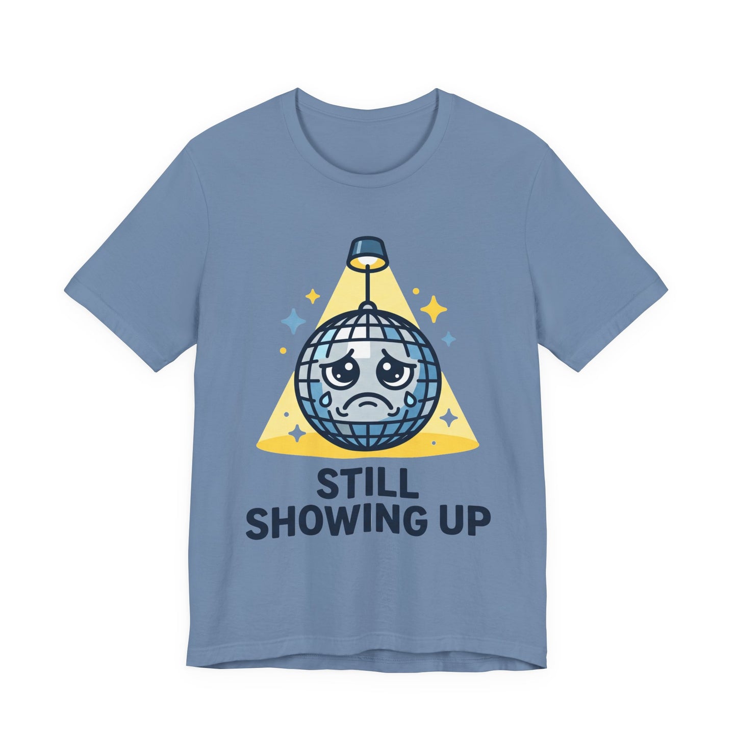 Asphalt Bella+Canvas 3001 unisex tee with Still Showing Up graphic, on hanger
