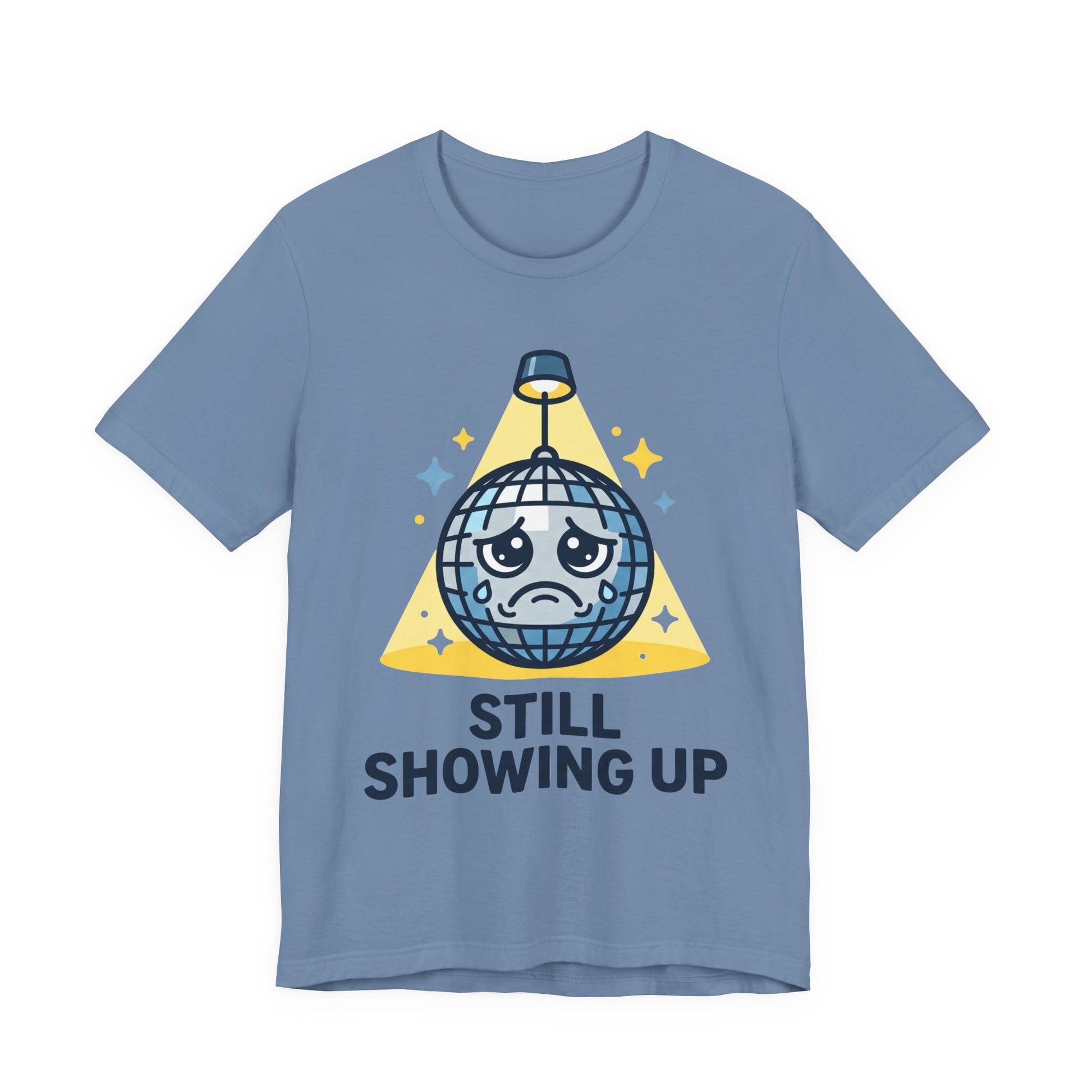 Asphalt Bella+Canvas 3001 unisex tee with Still Showing Up graphic, on hanger