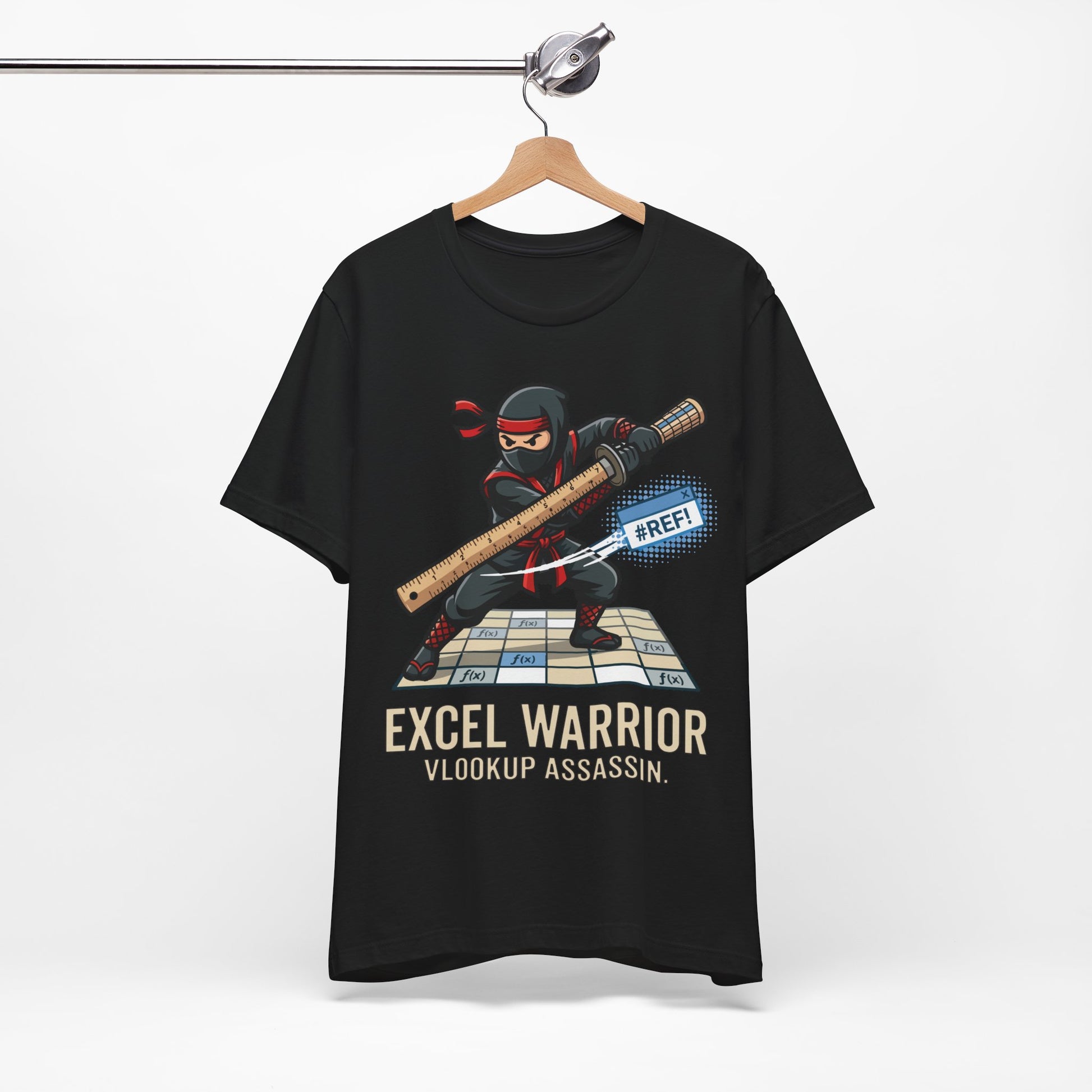 Red Bella+Canvas 3001 unisex tee with Excel Warrior VLOOKUP Assassin ninja spreadsheet graphic, flat lay