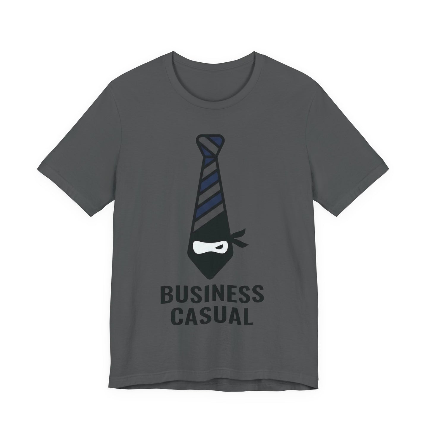 Asphalt Bella+Canvas 3001 unisex tee with Business Casual ninja in tie graphic, flat lay