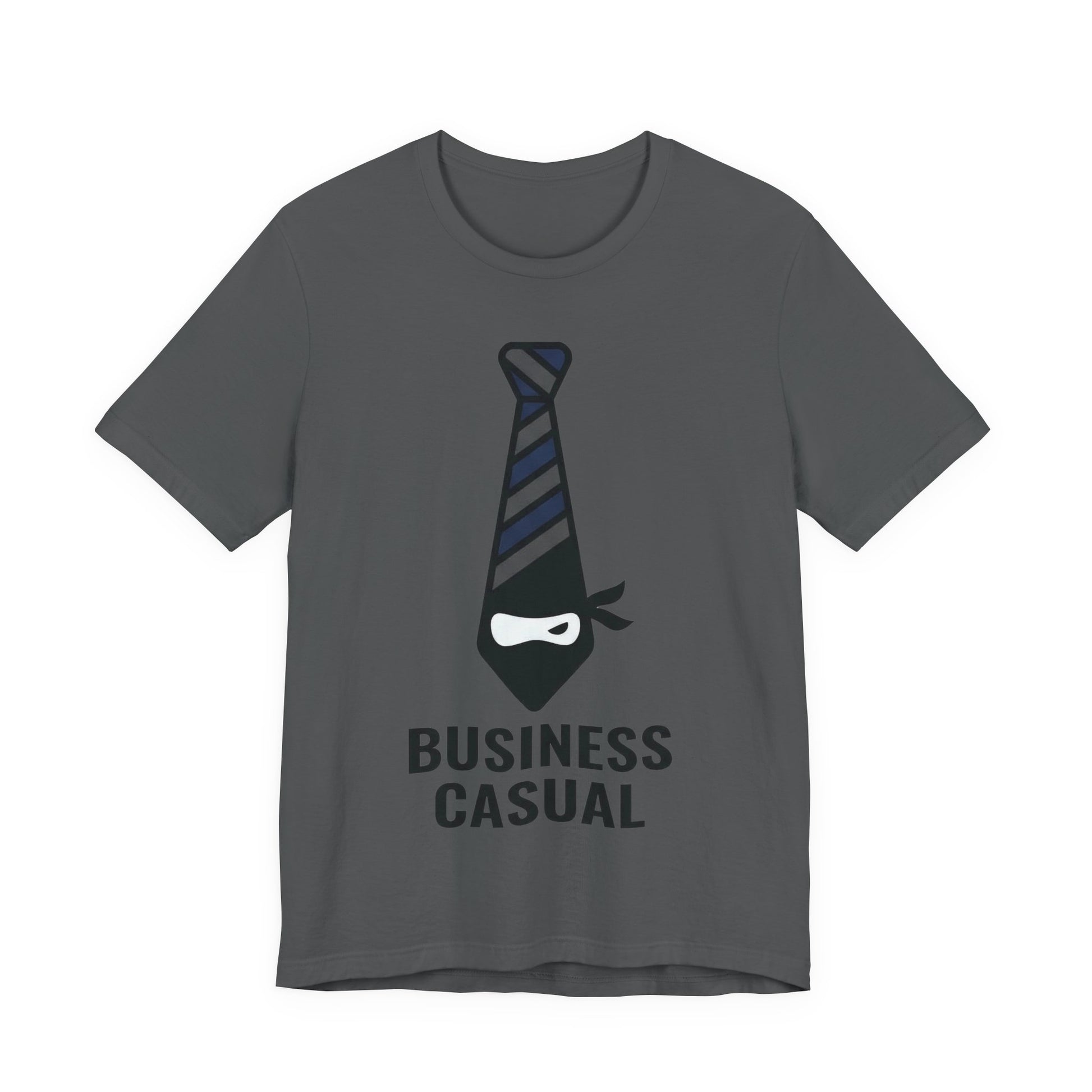 Asphalt Bella+Canvas 3001 unisex tee with Business Casual ninja in tie graphic, flat lay