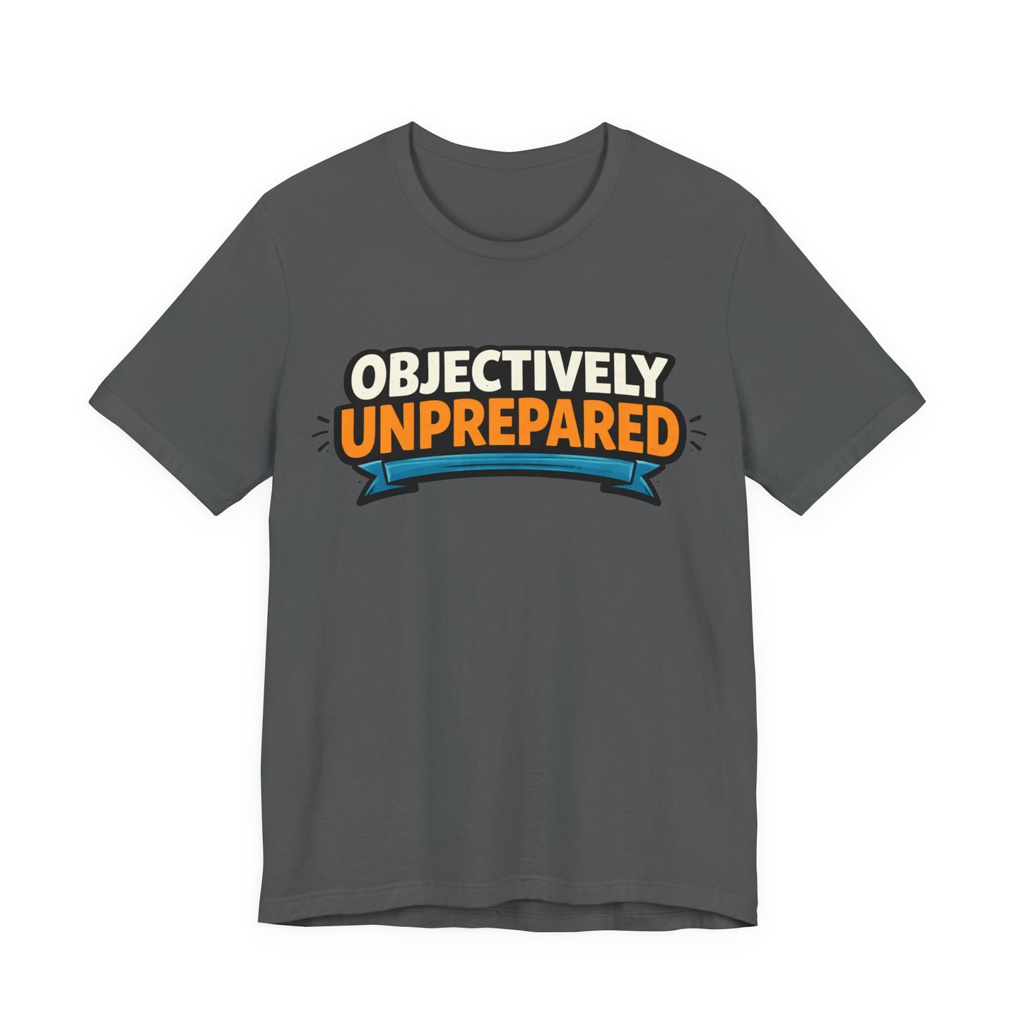 Red Bella+Canvas 3001 unisex tee with Objectively Unprepared graphic, on hanger