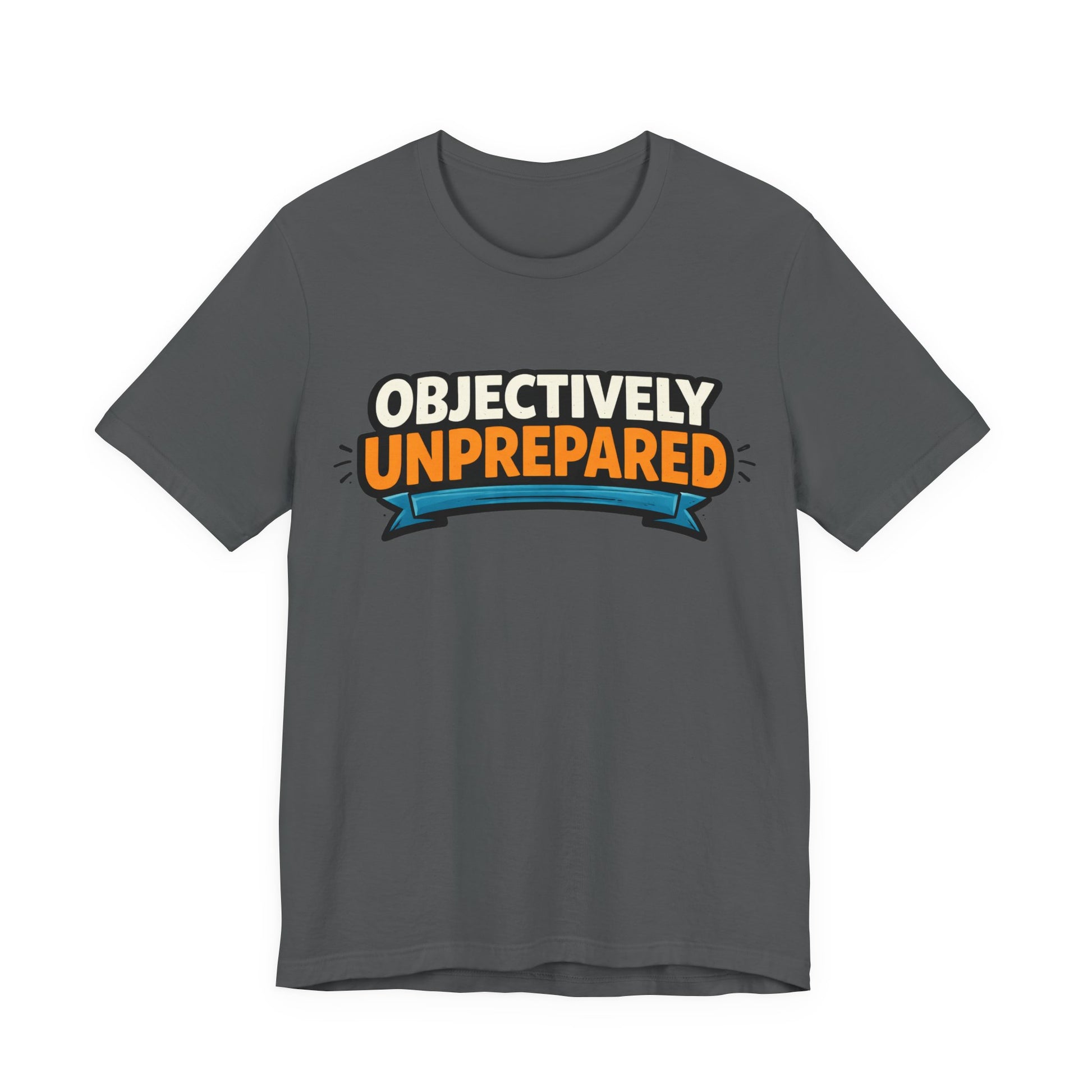 Red Bella+Canvas 3001 unisex tee with Objectively Unprepared graphic, on hanger